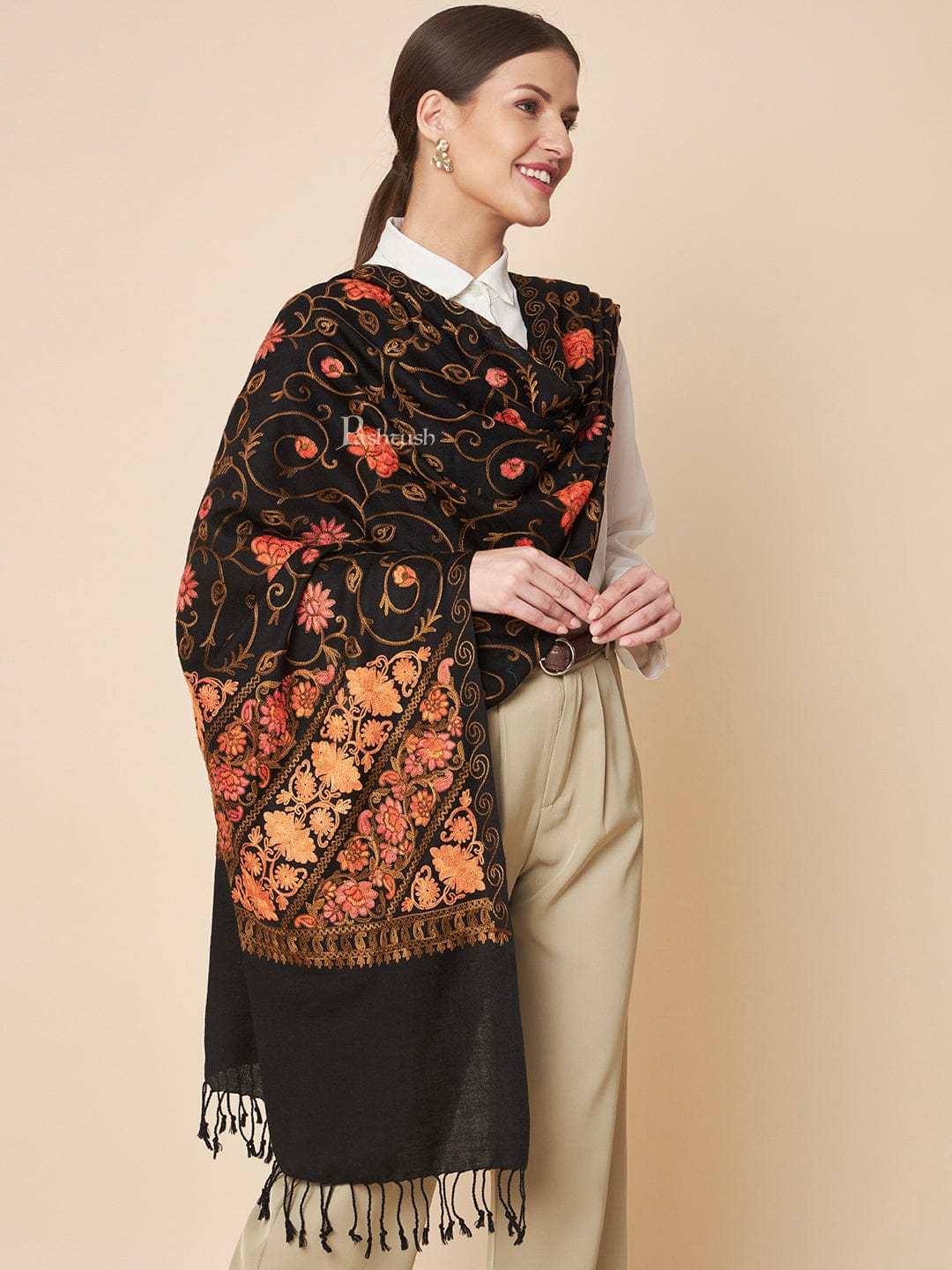 Pashtush India Womens Stoles and Scarves Scarf Pashtush Womens Fine Wool Stole, Floral Aari Embroidery Design, Black