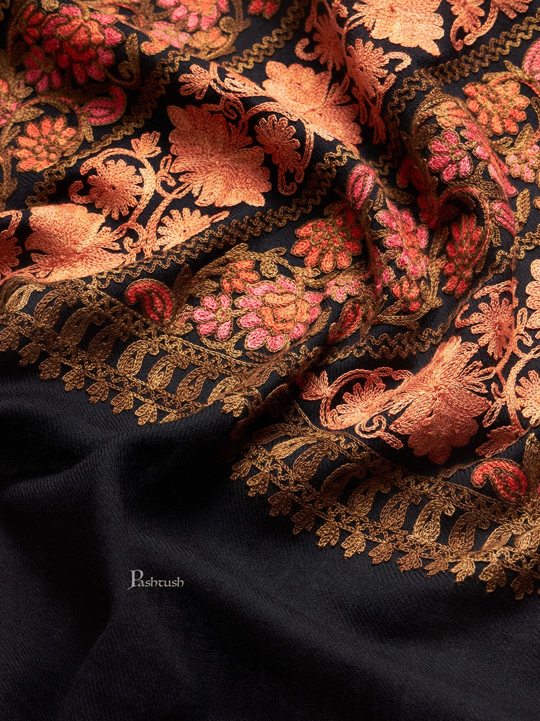 Pashtush India Womens Stoles and Scarves Scarf Pashtush Womens Fine Wool Stole, Floral Aari Embroidery Design, Black