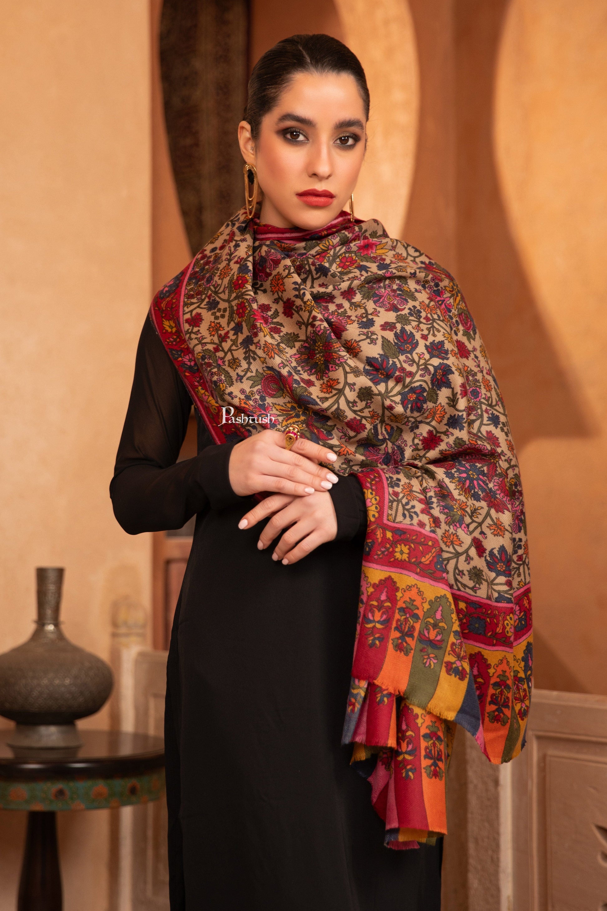 Pashtush India Womens Stoles and Scarves Scarf Pashtush Womens Fine Wool Stole, Floral Hand Print Design, Multicolour