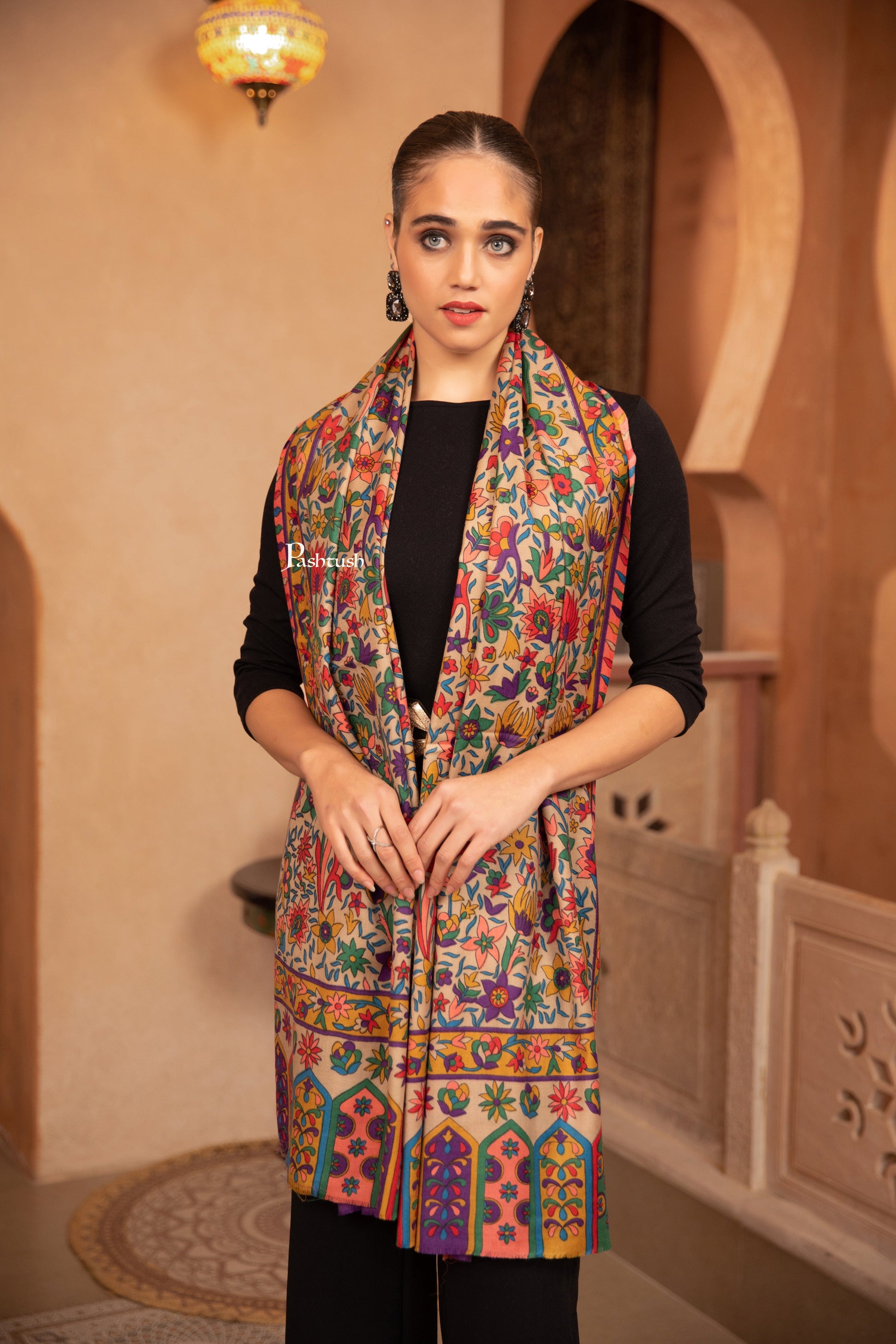Pashtush India Womens Stoles and Scarves Scarf Pashtush Womens Fine Wool Stole, Floral Hand Print Design, Multicolour