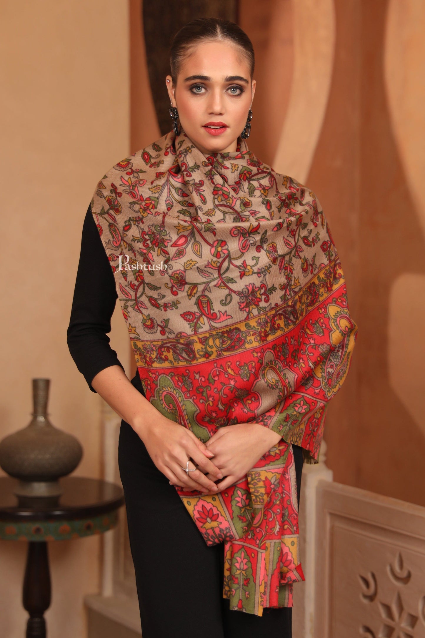 Pashtush India Womens Stoles and Scarves Scarf Pashtush Womens Fine Wool Stole, Floral Hand Print Design, Multicolour
