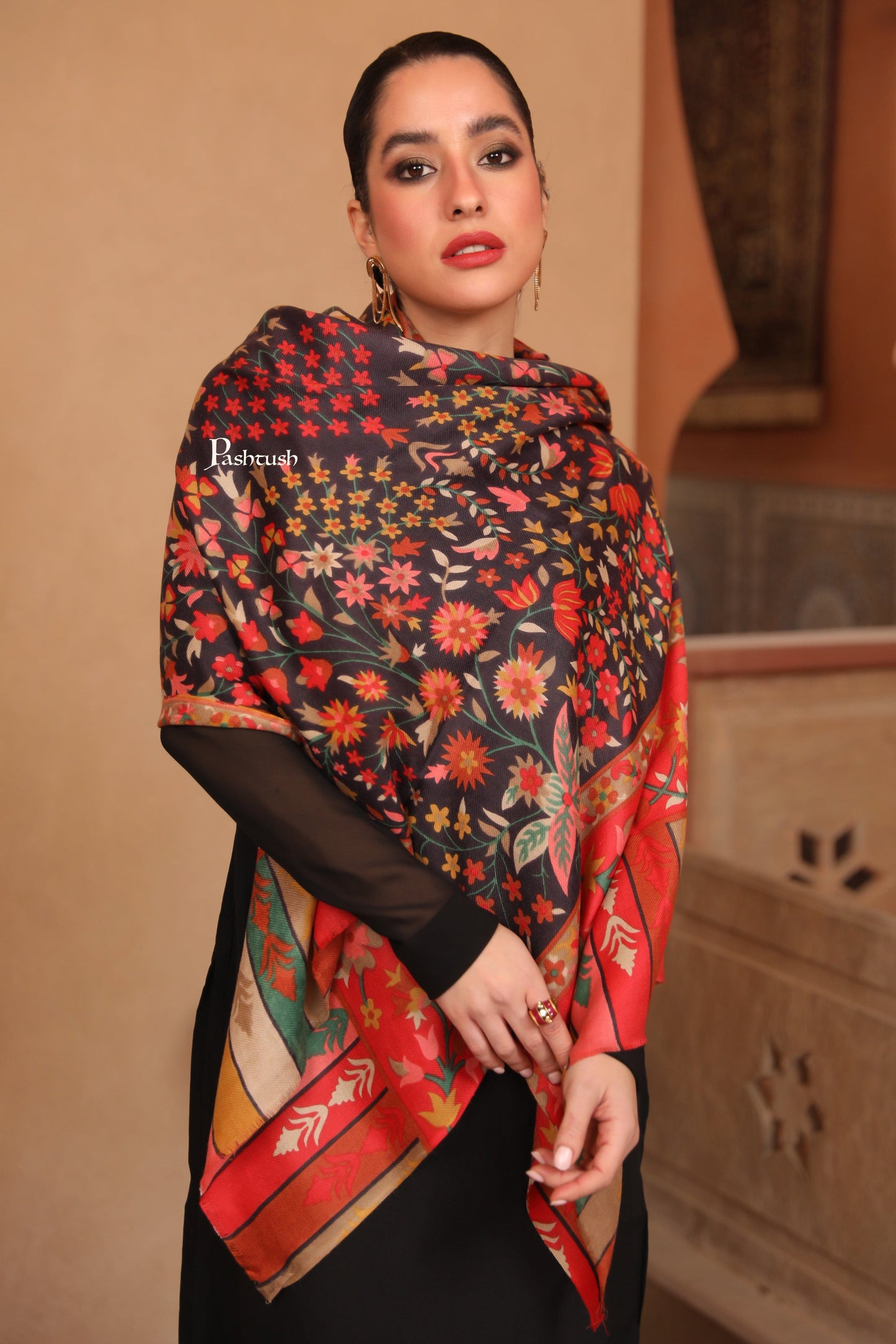 Pashtush India Womens Stoles and Scarves Scarf Pashtush Womens Fine Wool Stole, Floral Hand Print Design, Multicolour