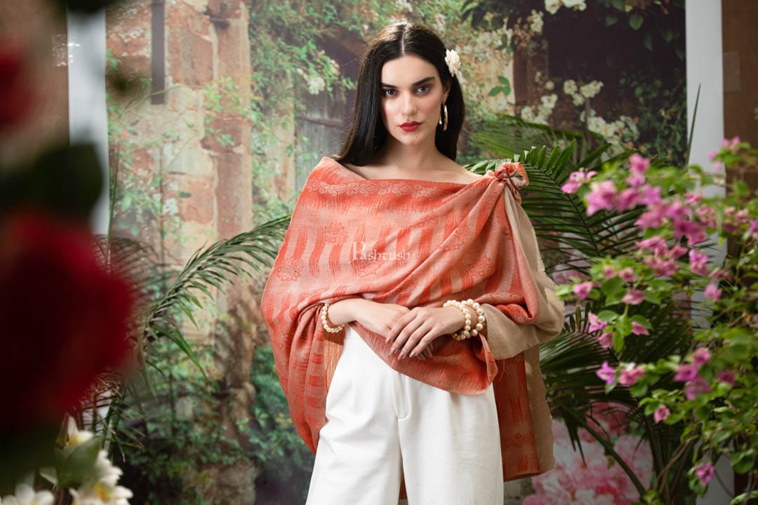Pashtush India Womens Stoles and Scarves Scarf Pashtush womens Fine wool Stole, Ikkat design, Orange