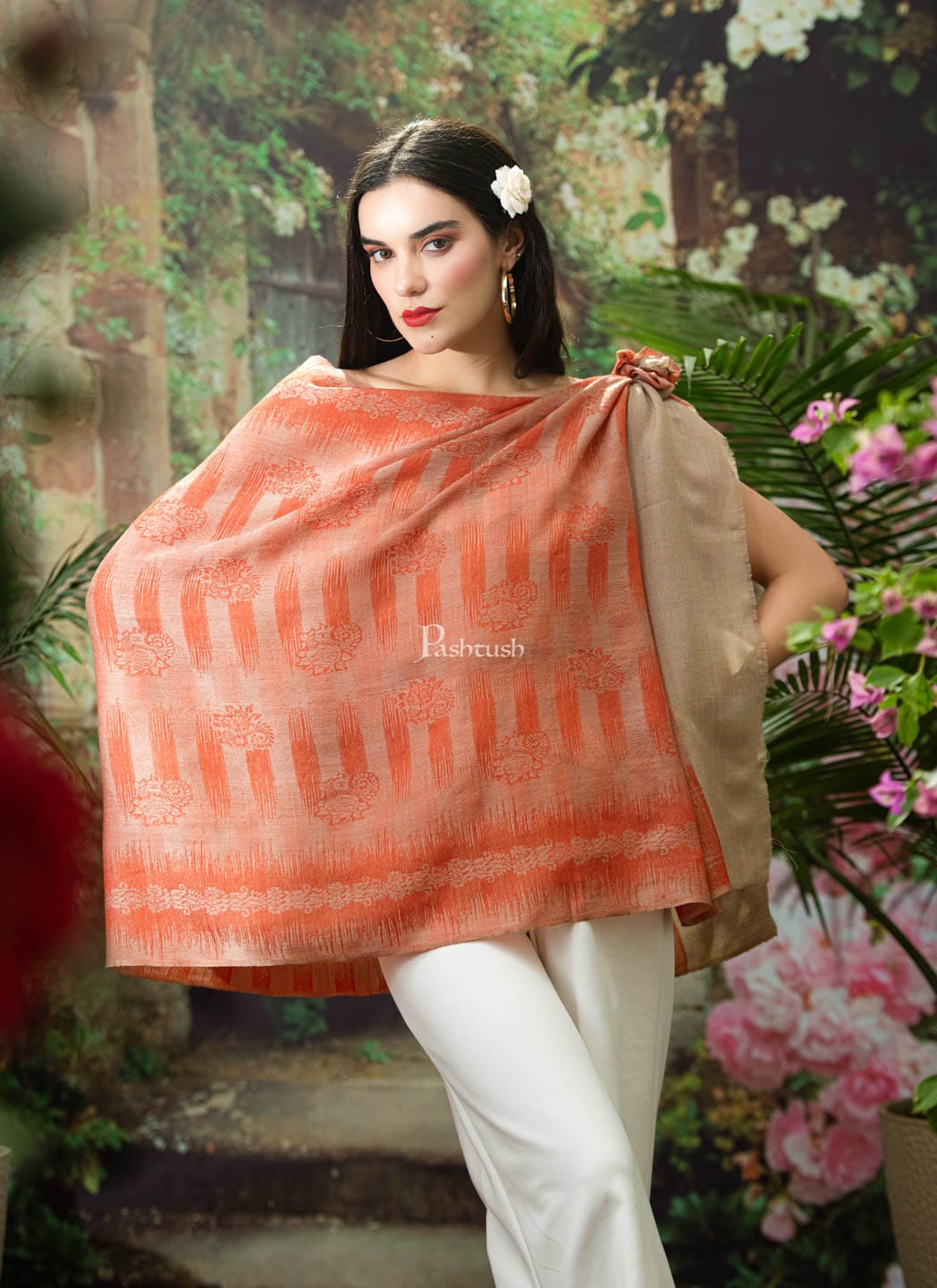 Pashtush India Womens Stoles and Scarves Scarf Pashtush womens Fine wool Stole, Ikkat design, Orange