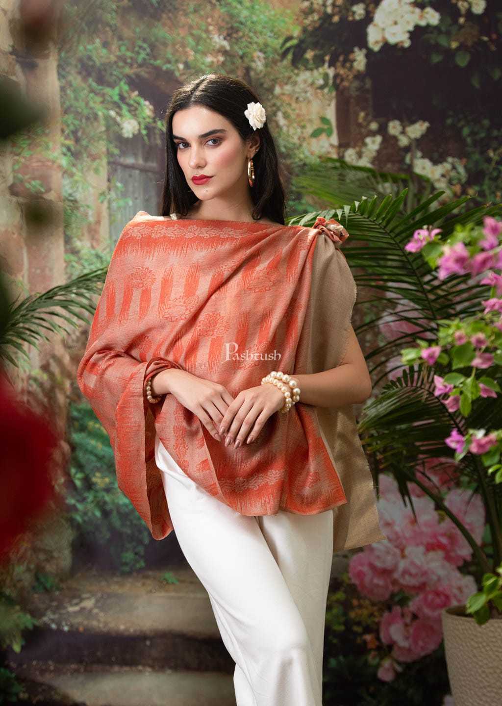 Pashtush India Womens Stoles and Scarves Scarf Pashtush womens Fine wool Stole, Ikkat design, Orange