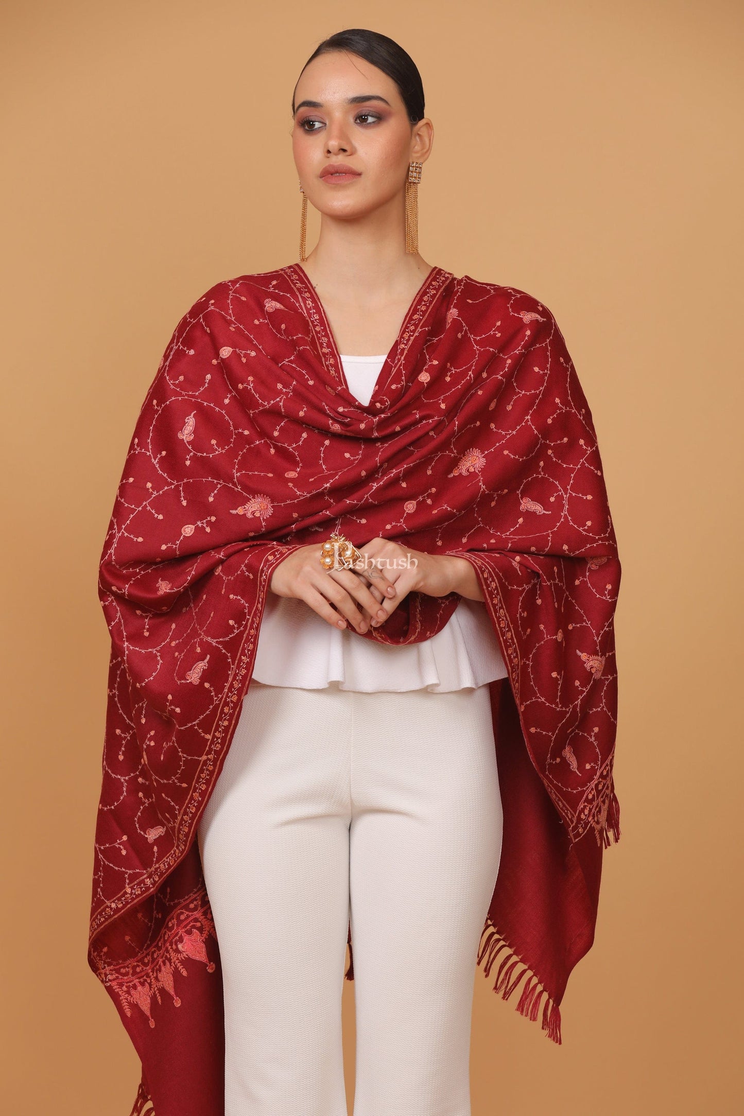 Pashtush India Womens Stoles and Scarves Scarf Pashtush womens Fine Wool stole, jaal embroidery design, Maroon