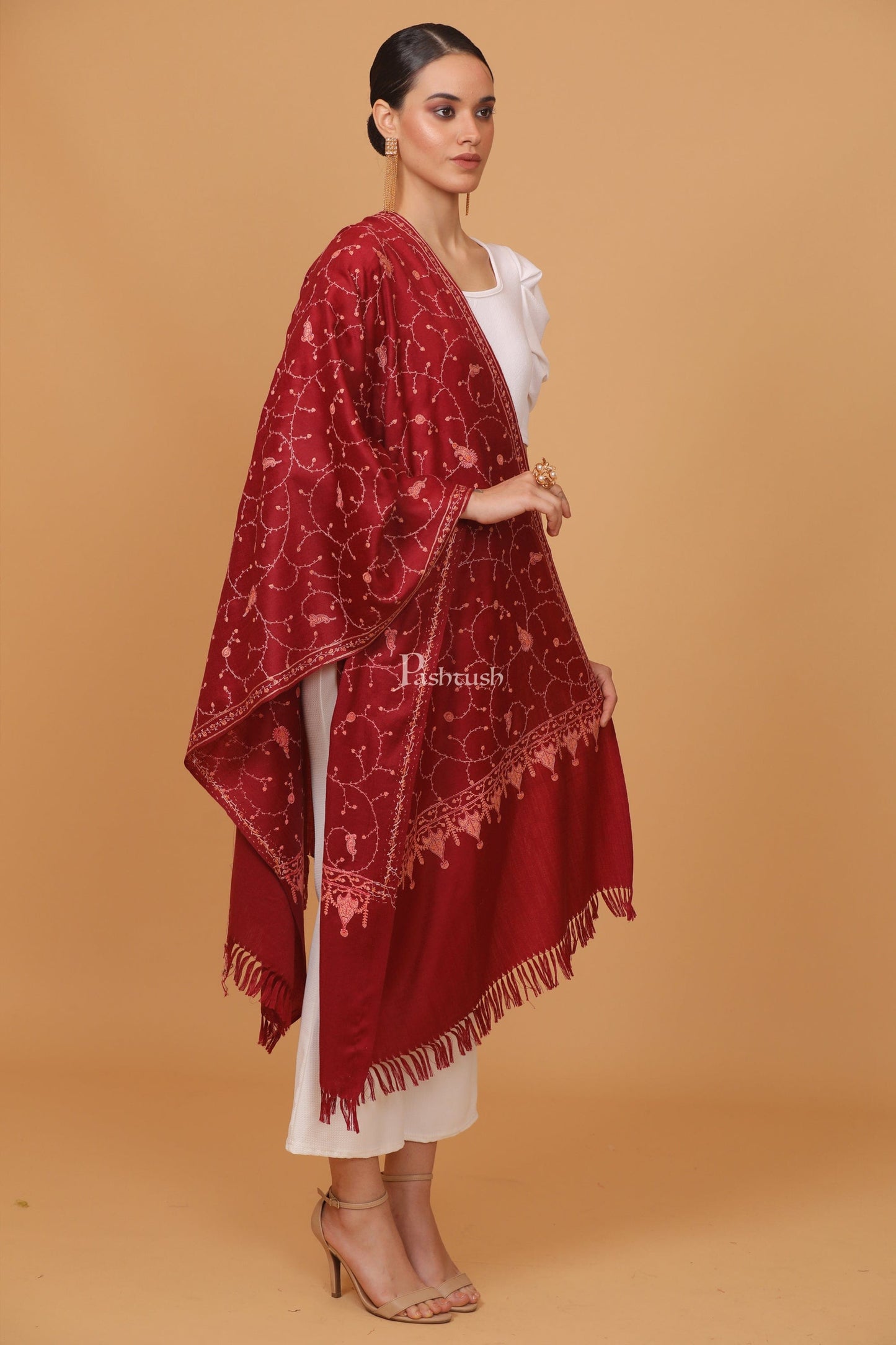 Pashtush India Womens Stoles and Scarves Scarf Pashtush womens Fine Wool stole, jaal embroidery design, Maroon