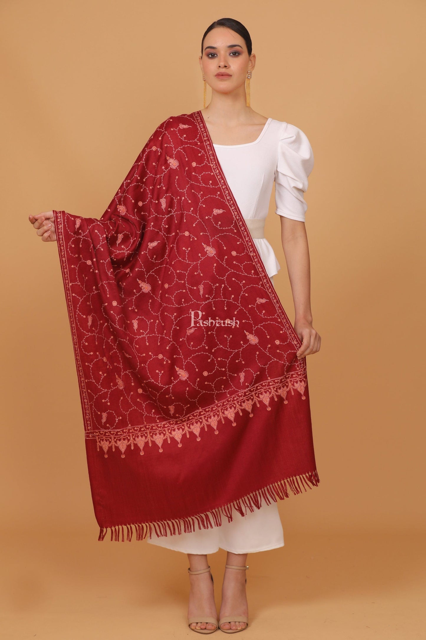Pashtush India Womens Stoles and Scarves Scarf Pashtush womens Fine Wool stole, jaal embroidery design, Maroon