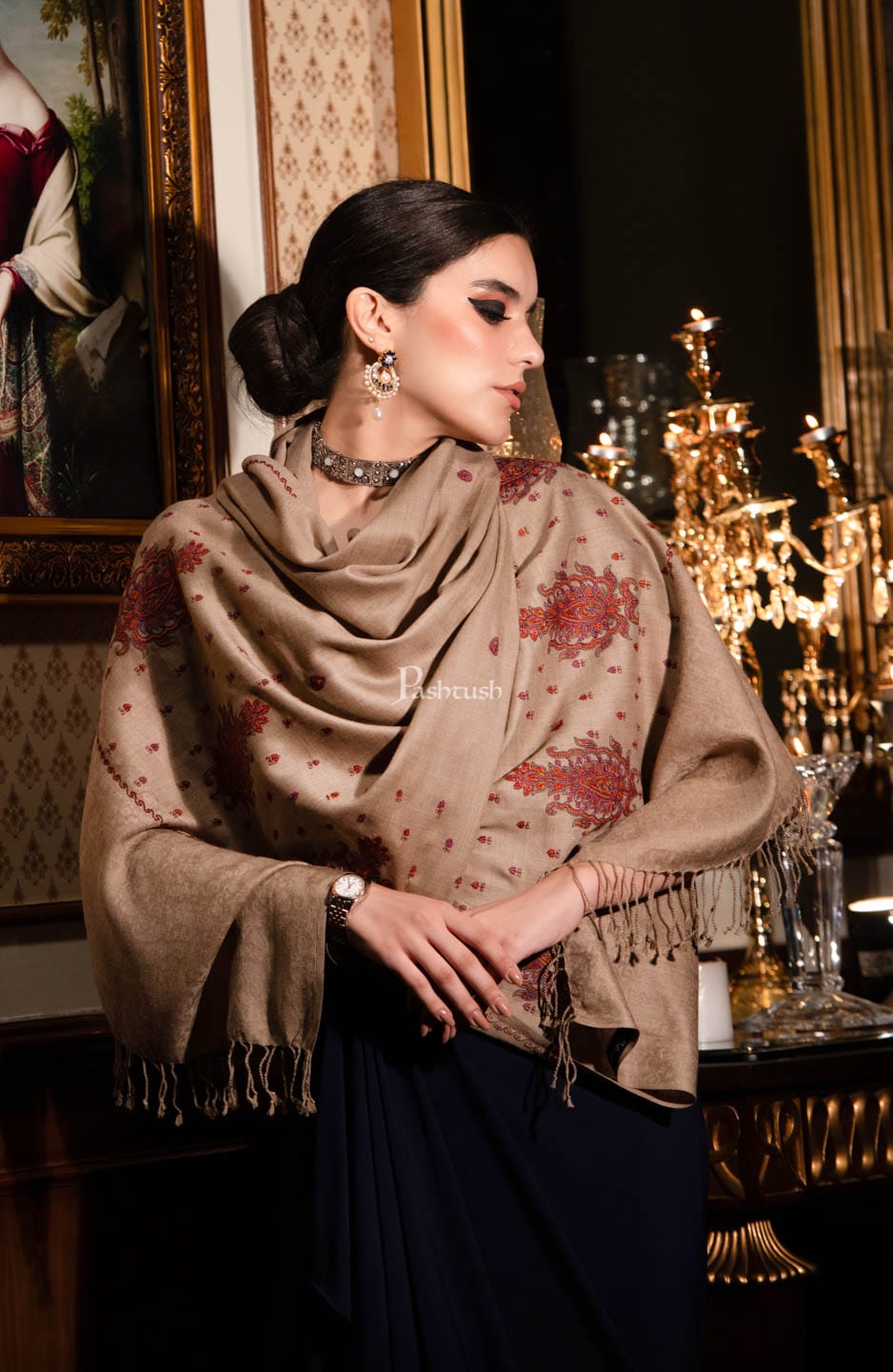 Pashtush India Womens Stoles and Scarves Scarf Pashtush womens Fine Wool Stole, Kashmiri Booti Embroidery Needlework design, Beige