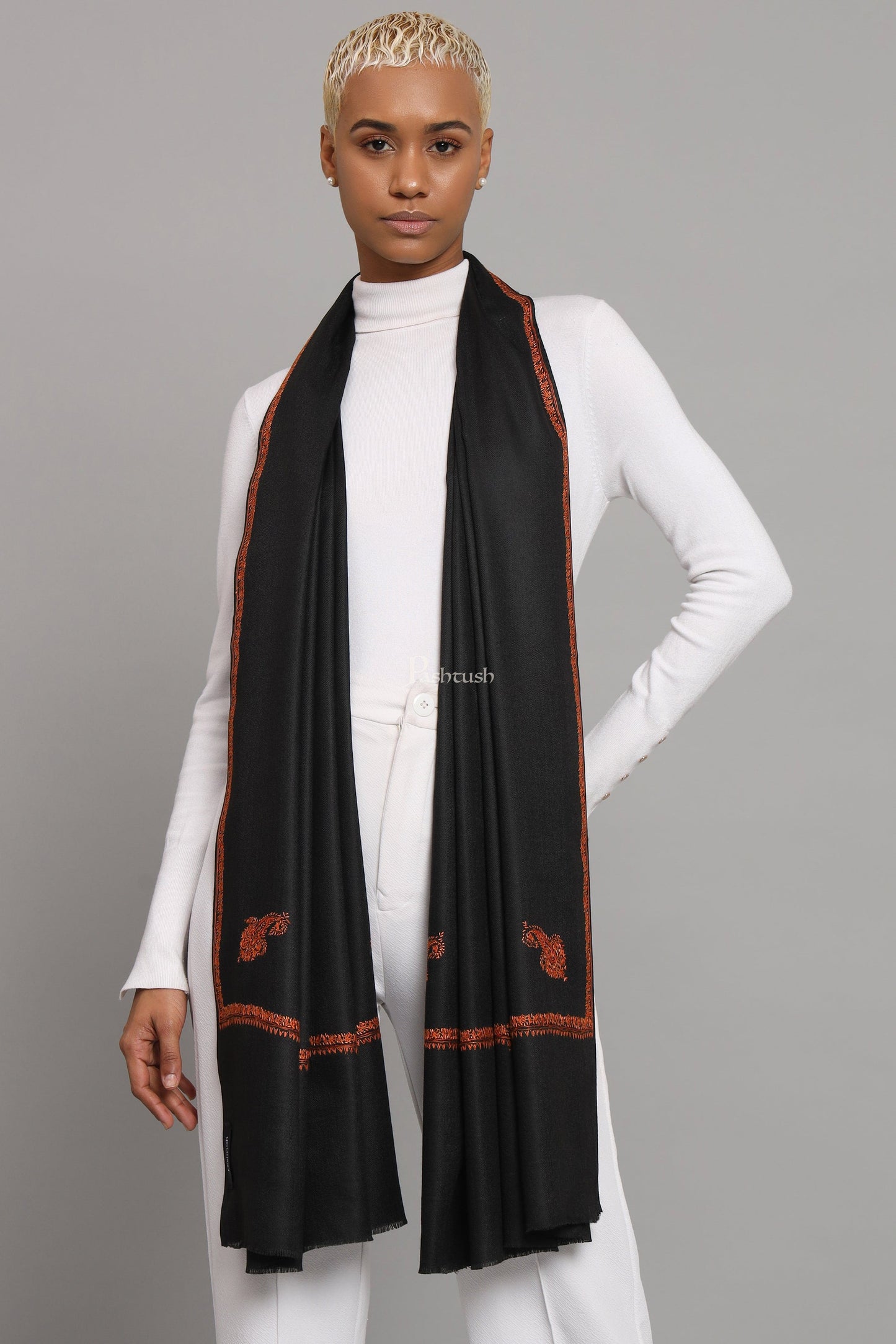 Pashtush India Womens Stoles Pashtush Womens Fine Wool Stole, Kashmiri Hand Embroidery, Kingri Design, Black