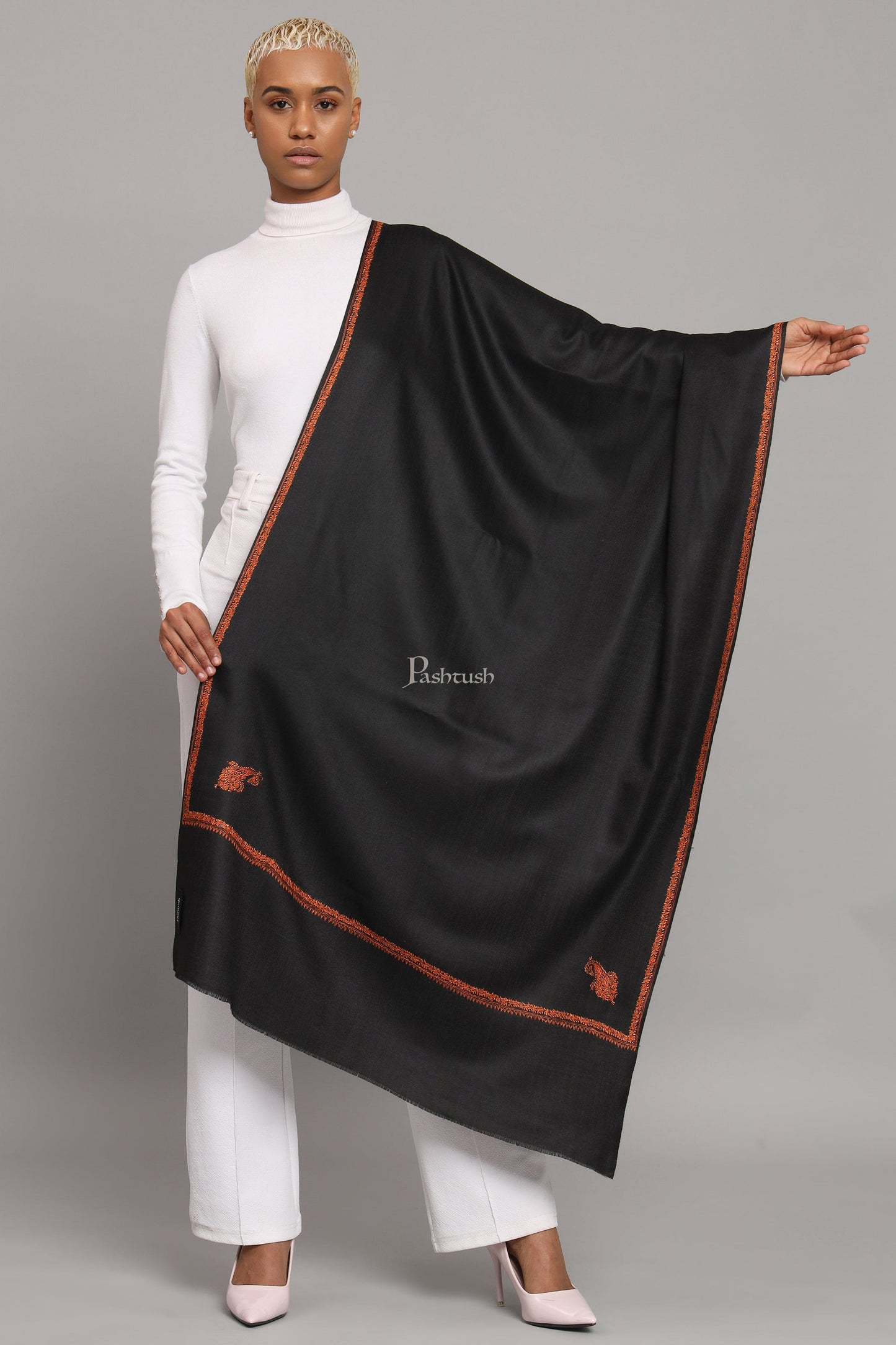 Pashtush India Womens Stoles Pashtush Womens Fine Wool Stole, Kashmiri Hand Embroidery, Kingri Design, Black