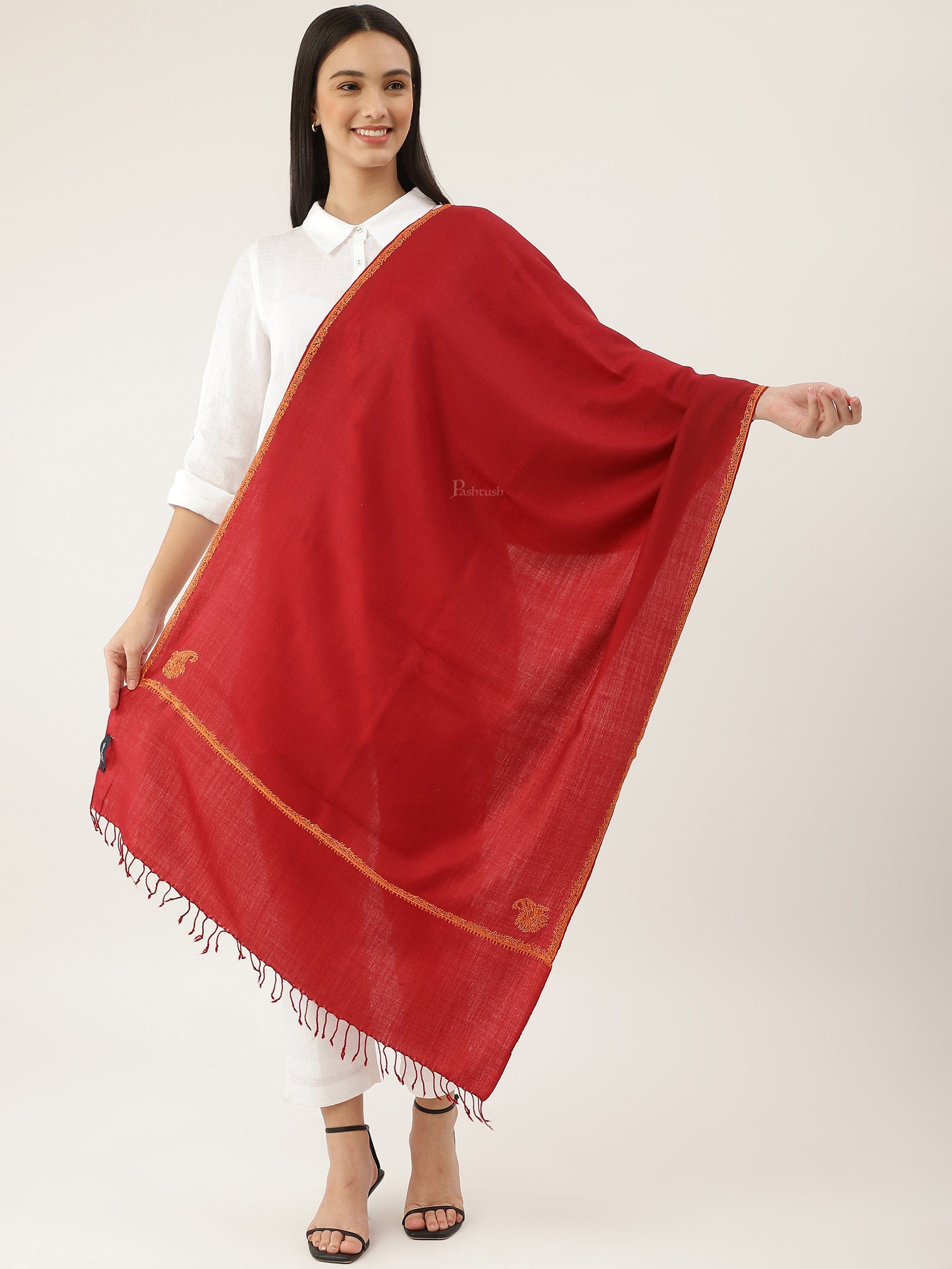 Pashtush India Womens Stoles and Scarves Scarf Pashtush womens Fine Wool Stole, kingri design, Maroon