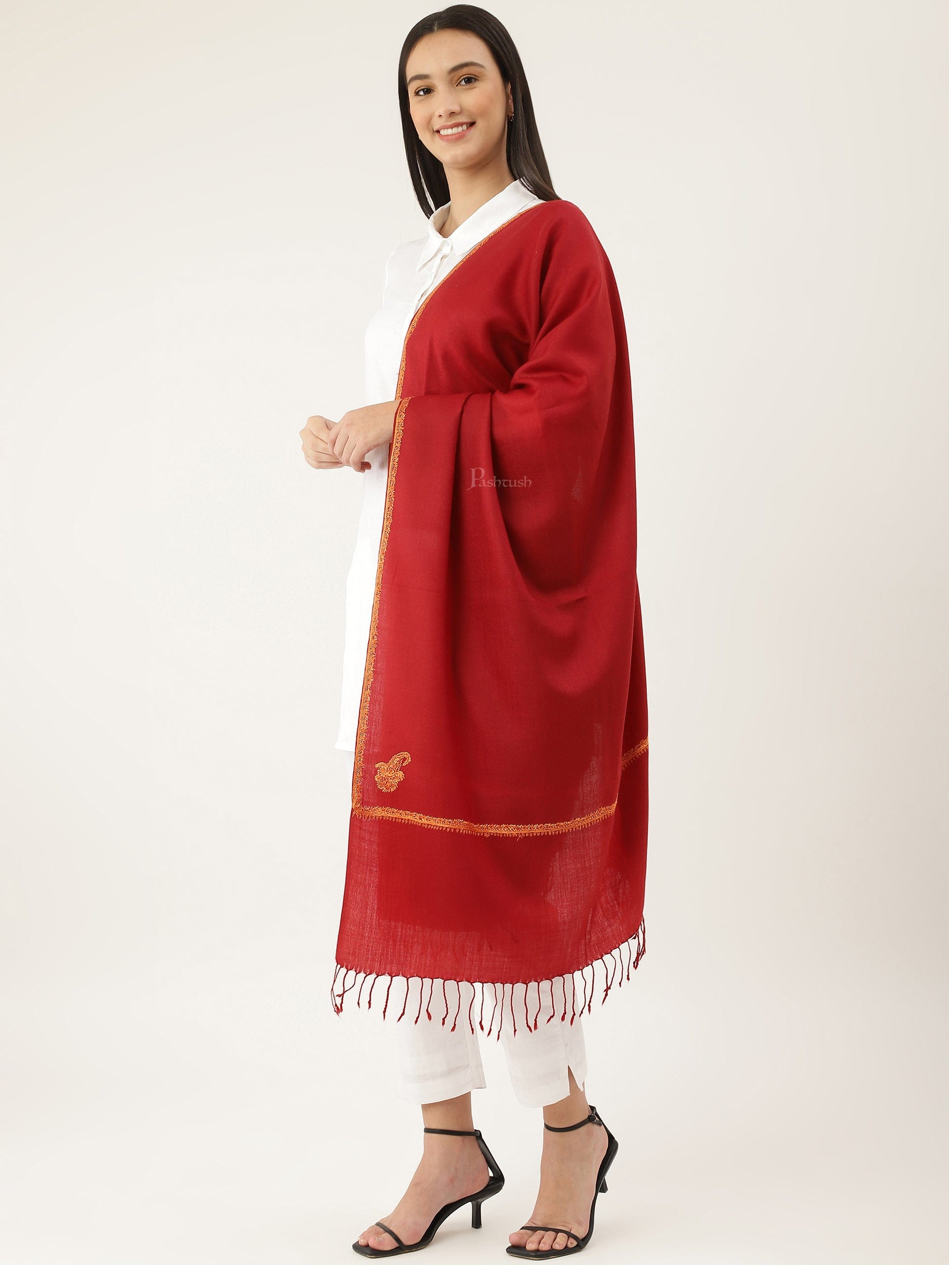 Pashtush India Womens Stoles and Scarves Scarf Pashtush womens Fine Wool Stole, kingri design, Maroon