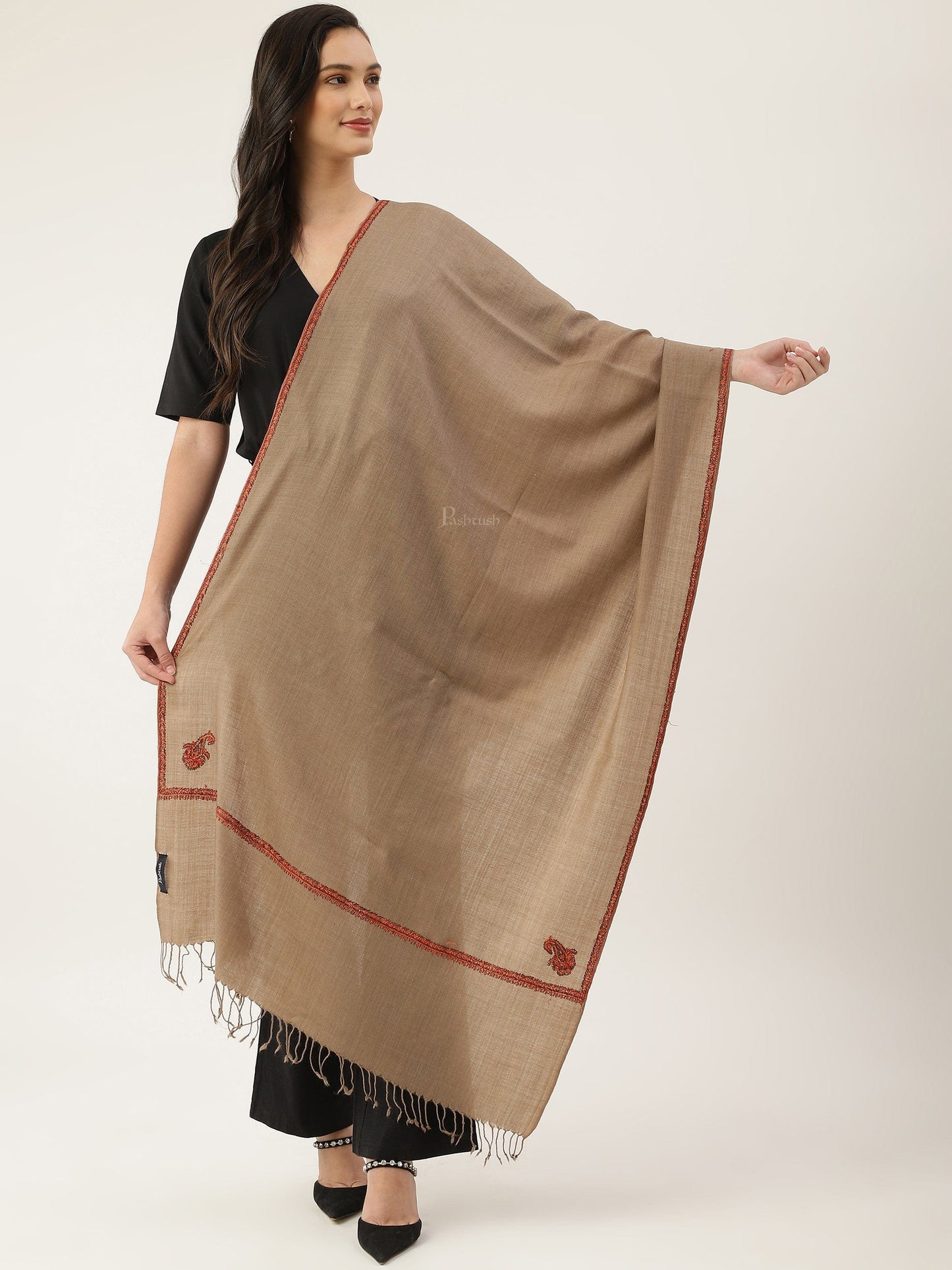 Pashtush India Womens Stoles and Scarves Scarf Pashtush womens Fine Wool Stole, Kingri design, Taupe