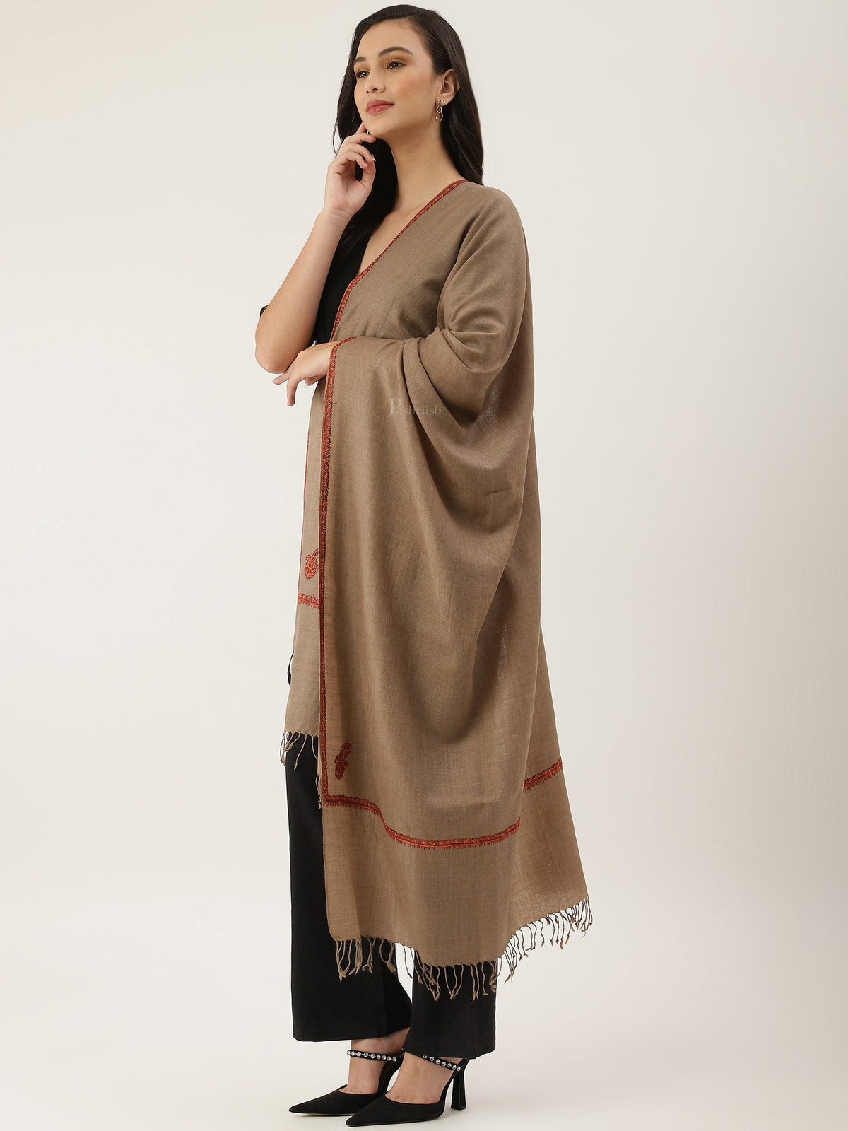 Pashtush India Womens Stoles and Scarves Scarf Pashtush womens Fine Wool Stole, Kingri design, Taupe