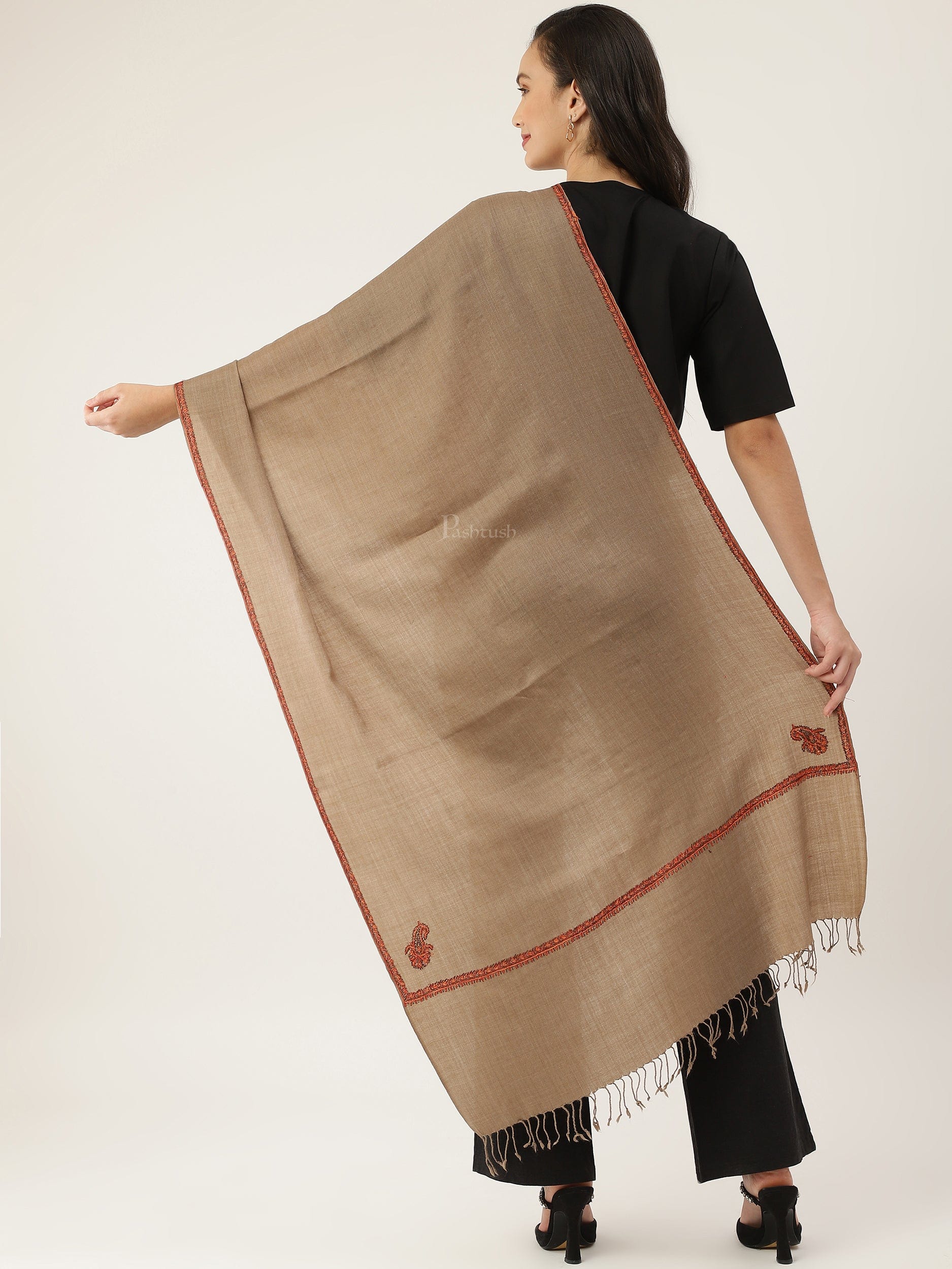 Pashtush India Womens Stoles and Scarves Scarf Pashtush womens Fine Wool Stole, Kingri design, Taupe