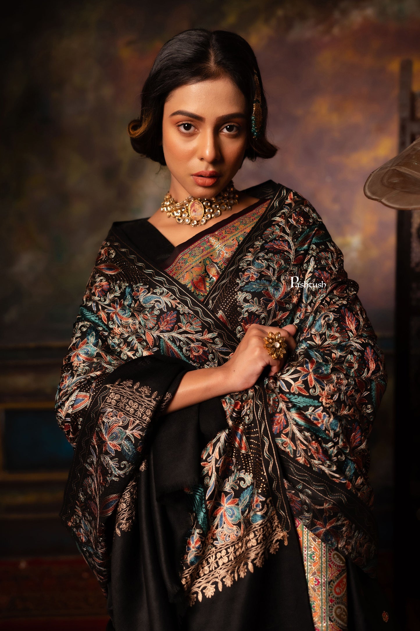 Pashtush India Womens Stoles Pashtush Womens Fine Wool Stole, Nalki Embroidery Design, Black