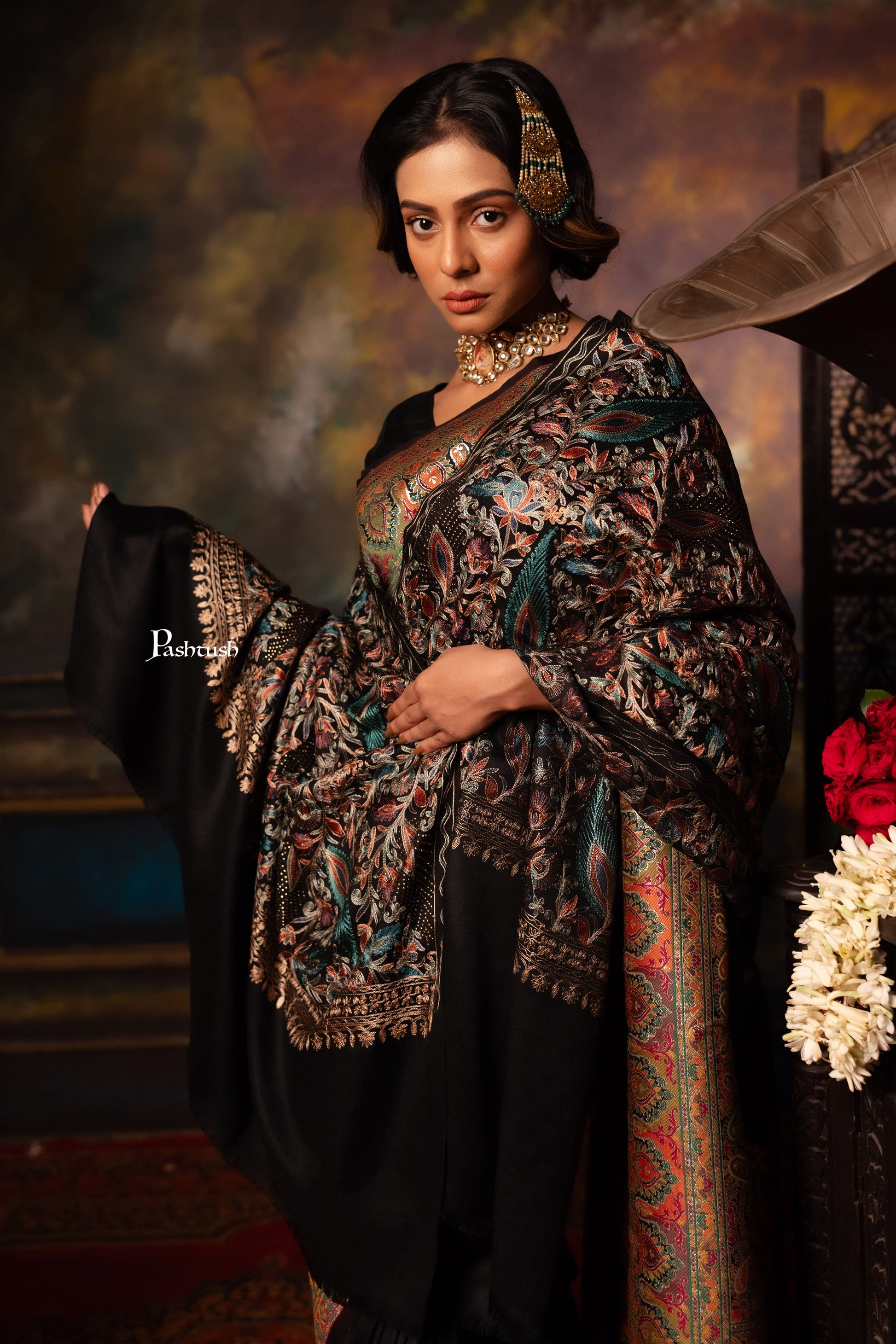 Pashtush India Womens Stoles Pashtush Womens Fine Wool Stole, Nalki Embroidery Design, Black