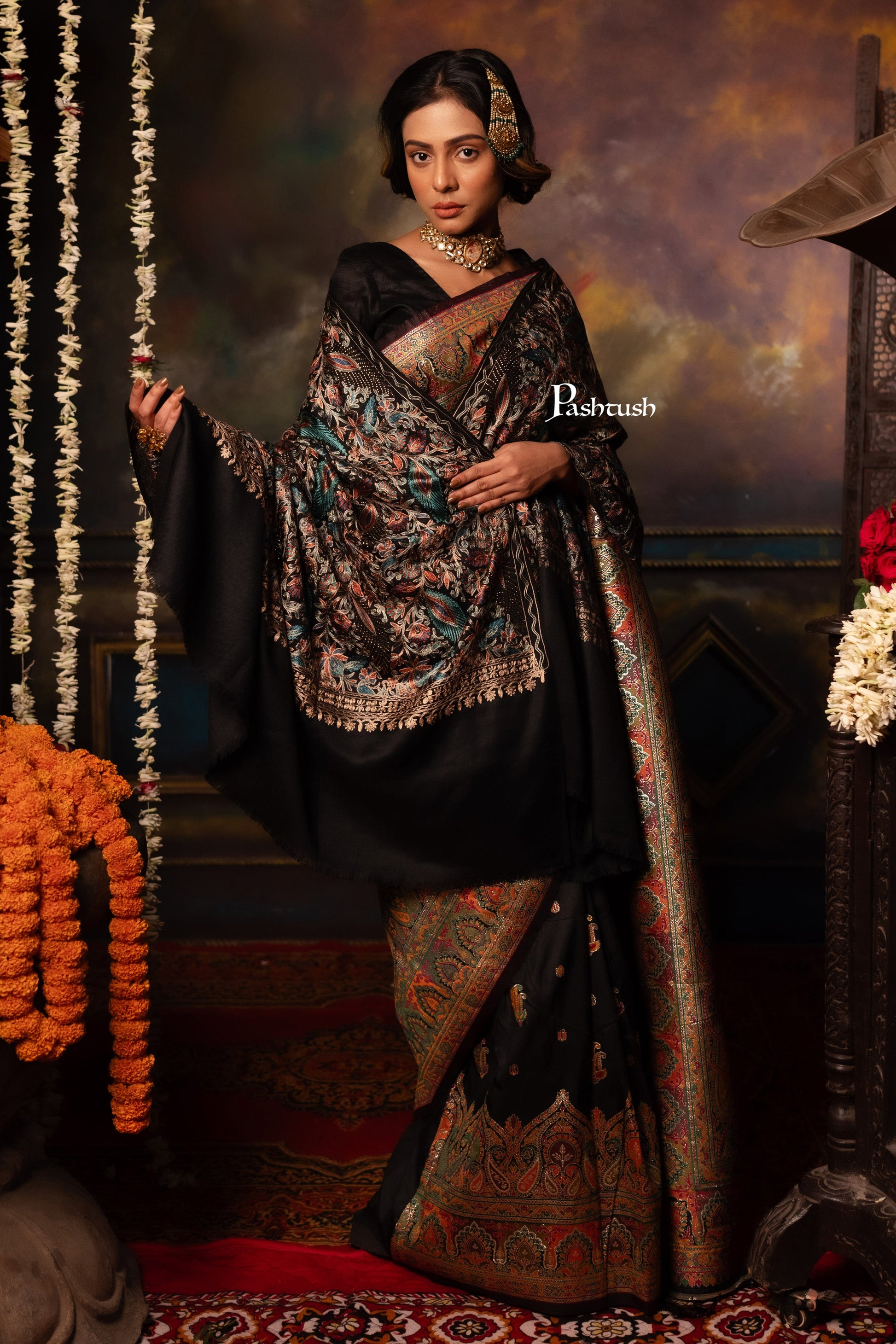 Pashtush India Womens Stoles Pashtush Womens Fine Wool Stole, Nalki Embroidery Design, Black
