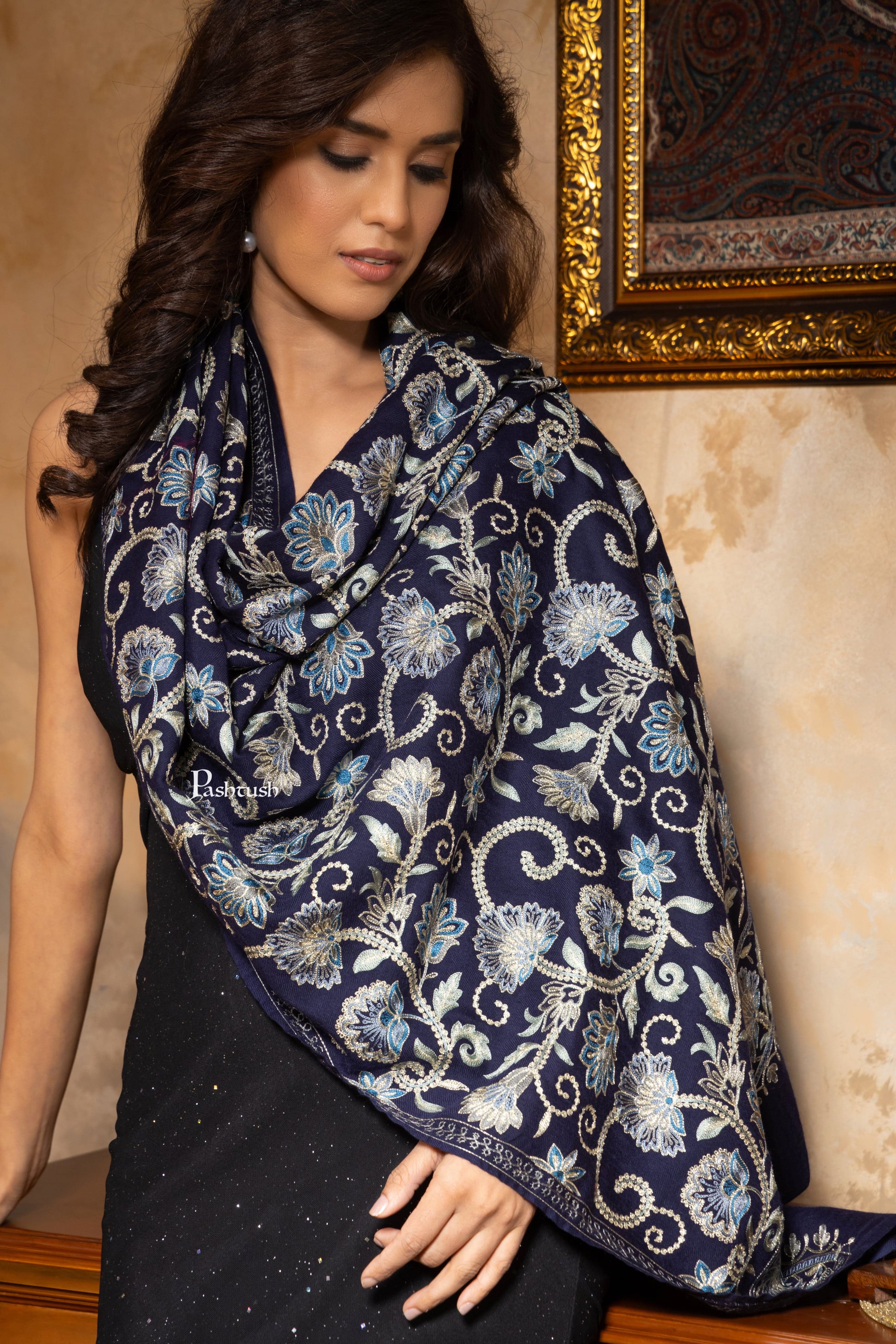 Pashtush India Womens Shawls Pashtush Womens Fine Wool Stole, Nalki Embroidery  Design, Blue