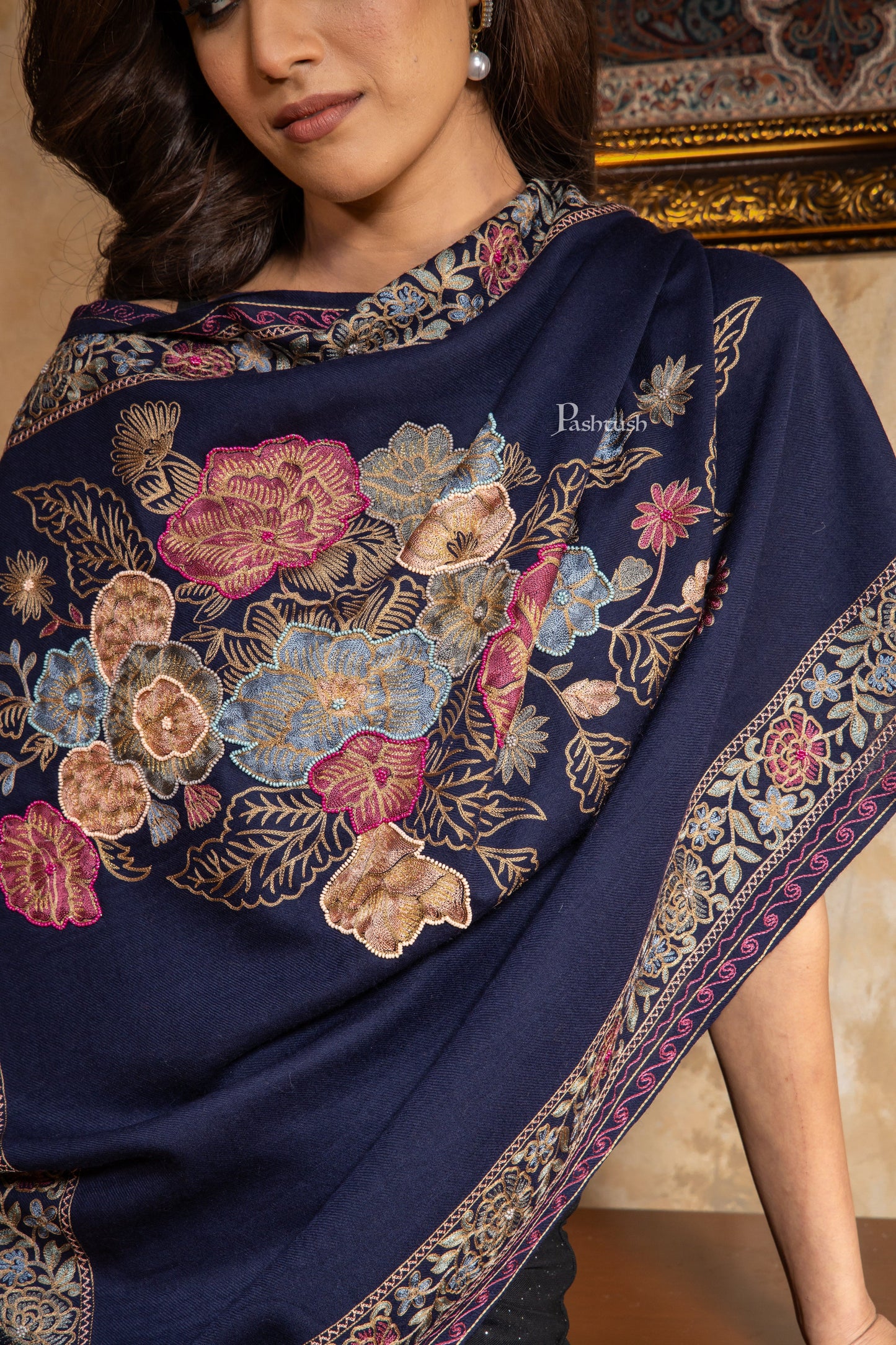 Pashtush India Womens Stoles and Scarves Scarf Pashtush Womens Fine Wool Stole, Nalki Embroidery Design, Blue