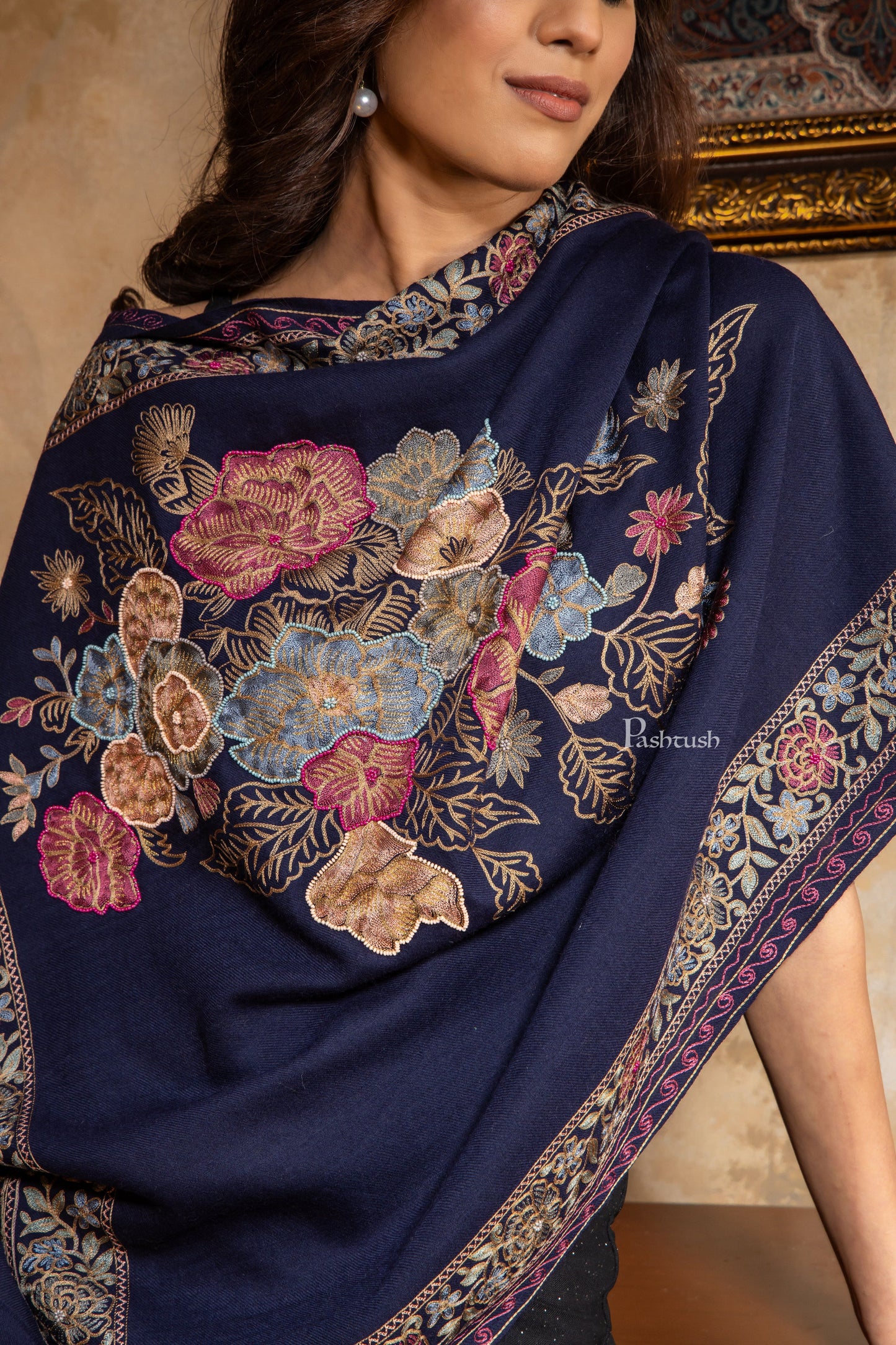 Pashtush India Womens Stoles and Scarves Scarf Pashtush Womens Fine Wool Stole, Nalki Embroidery Design, Blue