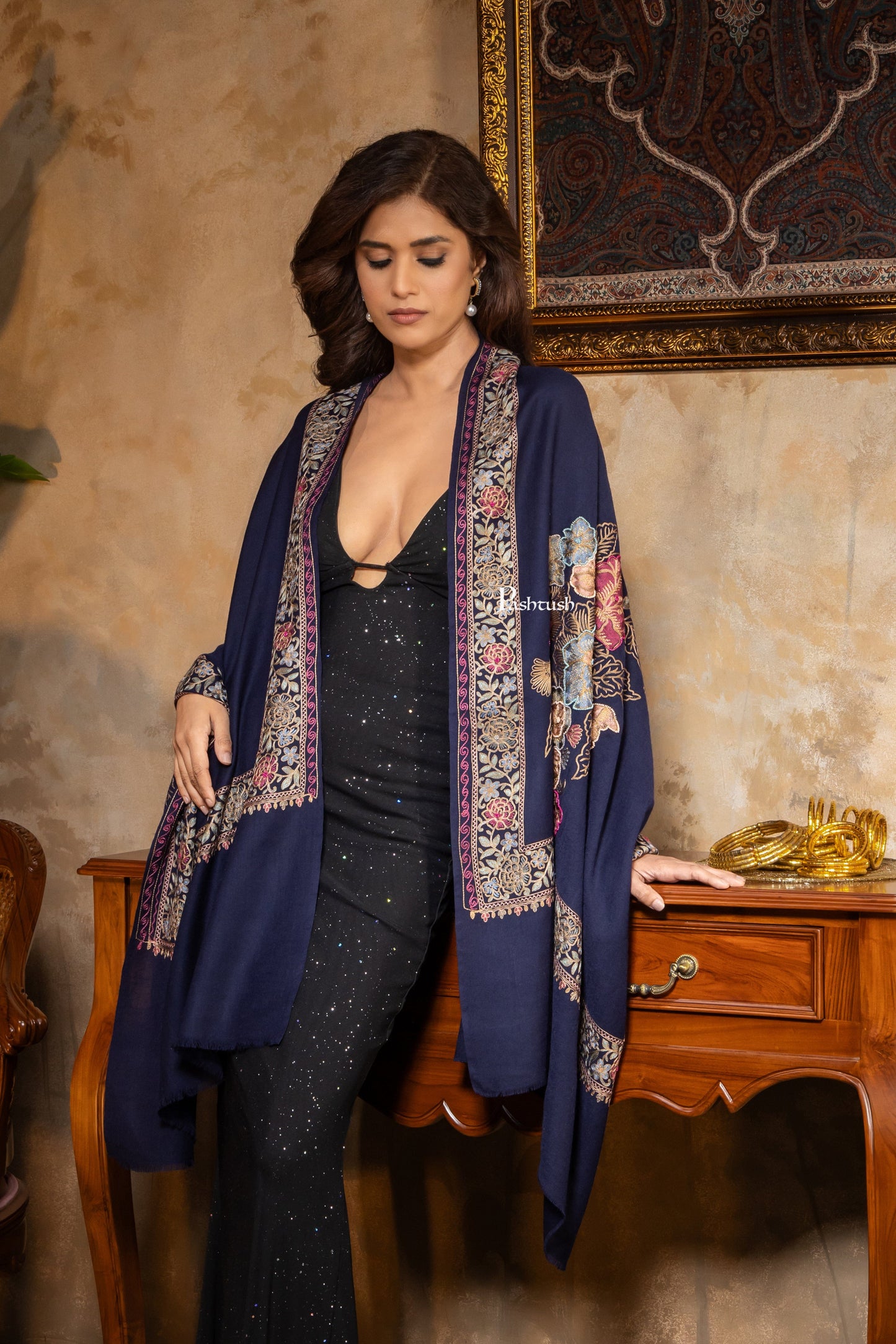Pashtush India Womens Stoles and Scarves Scarf Pashtush Womens Fine Wool Stole, Nalki Embroidery Design, Blue