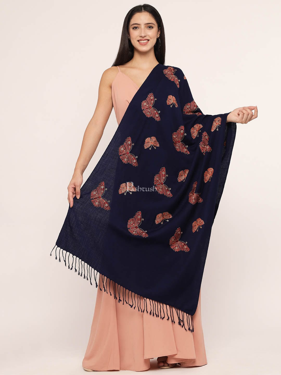 Pashtush India Womens Stoles and Scarves Scarf Pashtush womens Fine Wool Stole, nalki embroidery design, Blue