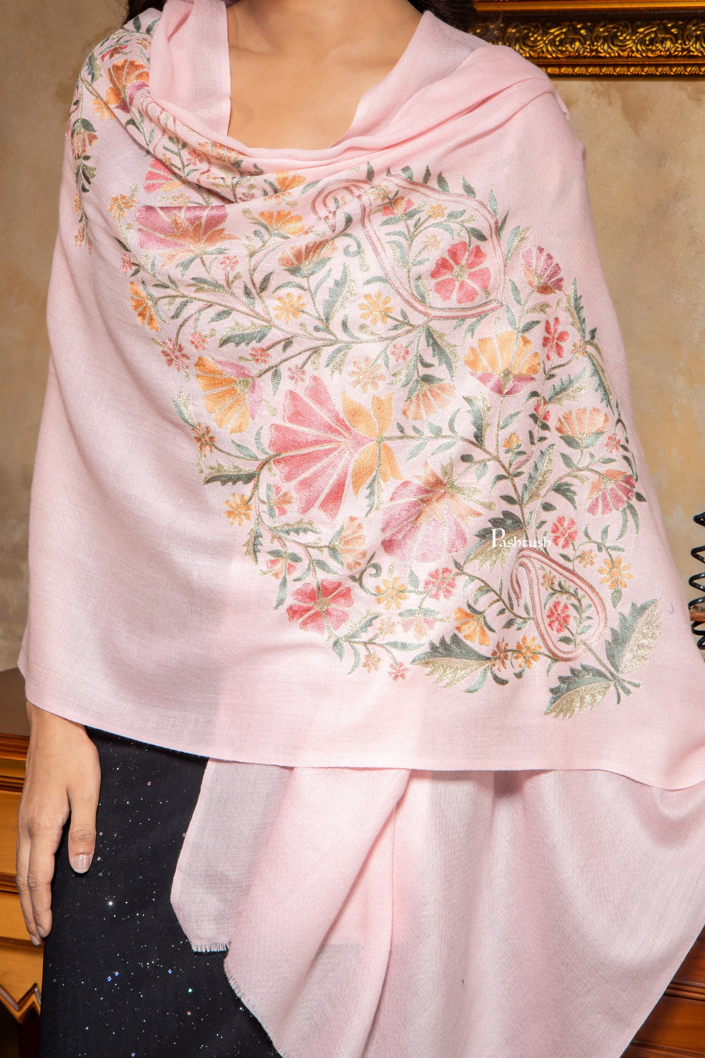 Pashtush India Womens Stoles and Scarves Scarf Pashtush Womens Fine Wool Stole, Nalki Embroidery Design, Soft Pink