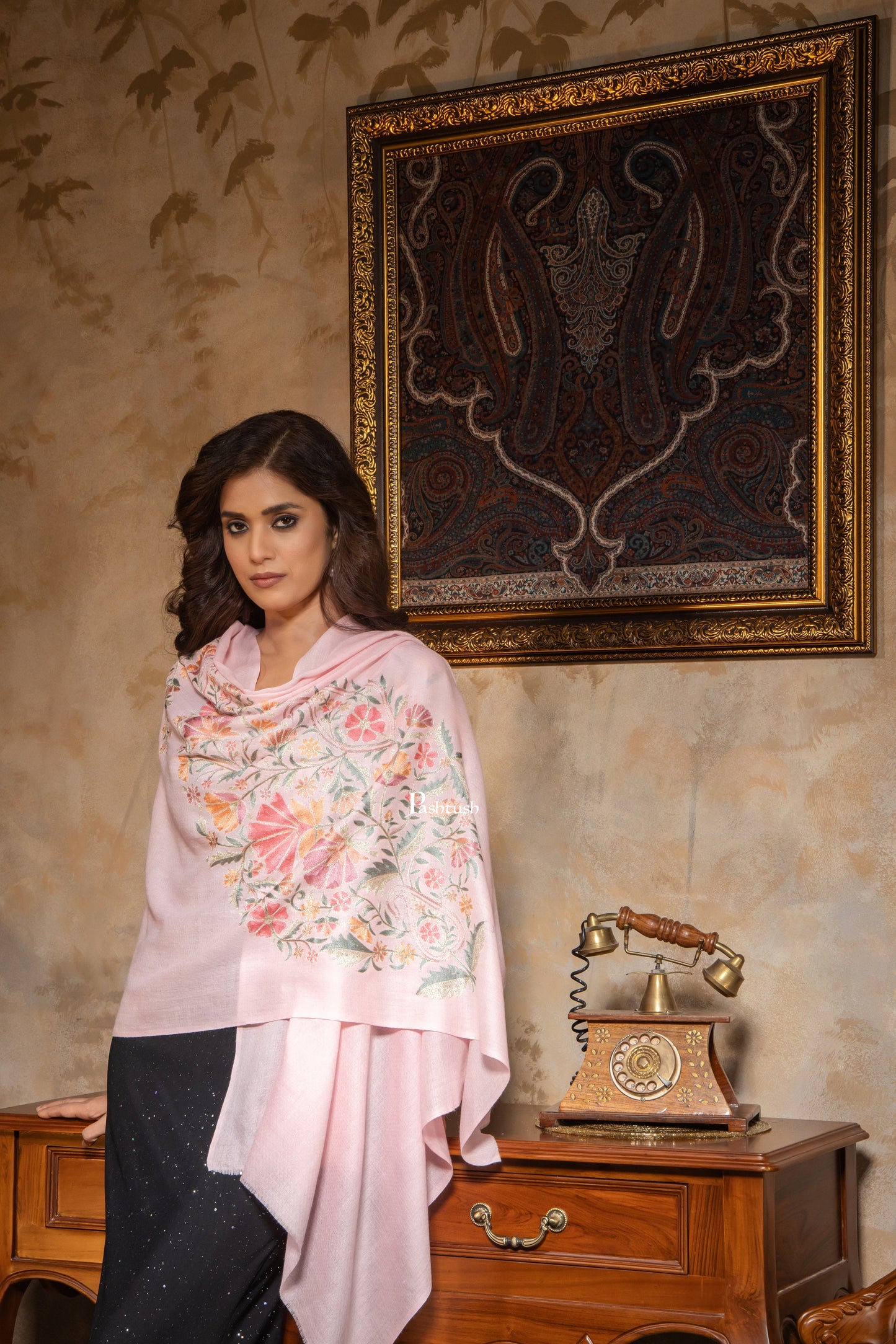 Pashtush India Womens Stoles and Scarves Scarf Pashtush Womens Fine Wool Stole, Nalki Embroidery Design, Soft Pink