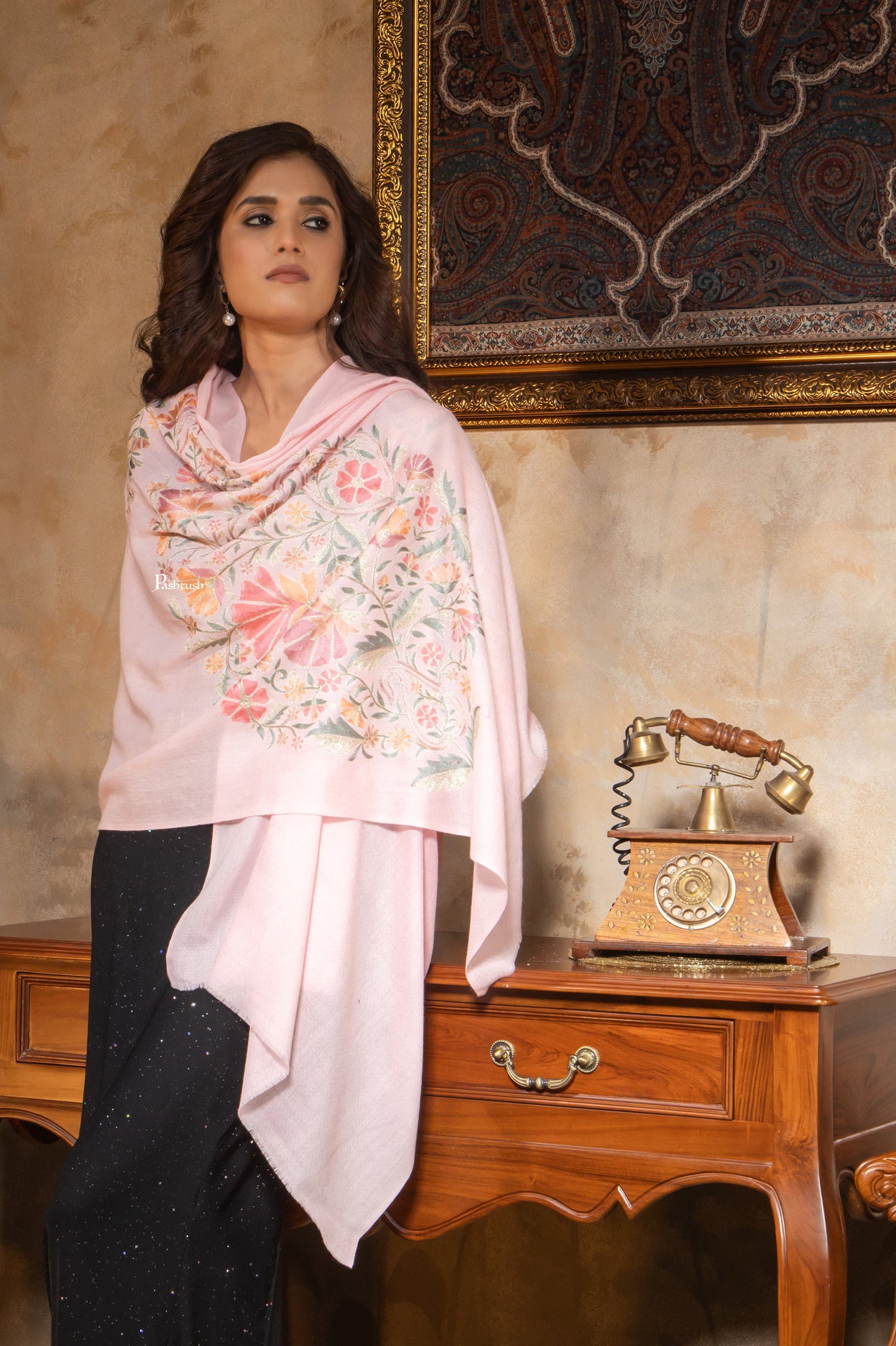 Pashtush India Womens Stoles and Scarves Scarf Pashtush Womens Fine Wool Stole, Nalki Embroidery Design, Soft Pink