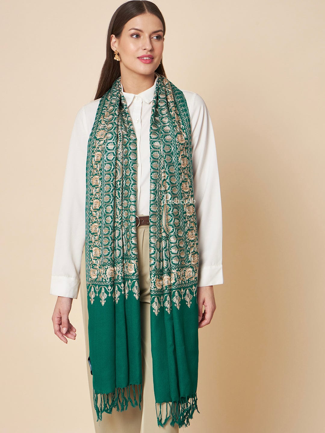 Pashtush India Womens Stoles and Scarves Scarf Pashtush Womens Fine Wool Stole, Nalki Embroidery With Paisleys Design, Bottle Green