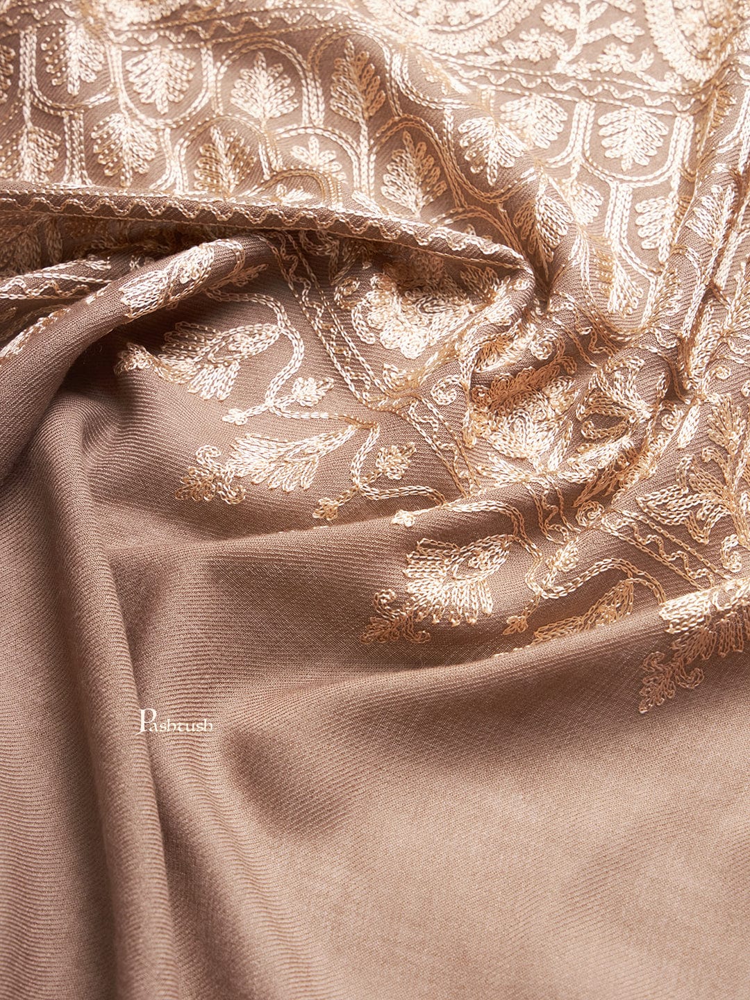 Pashtush India Womens Stoles and Scarves Scarf Pashtush Womens Fine Wool Stole, Nalki Embroidery With Paisleys Design, Taupe