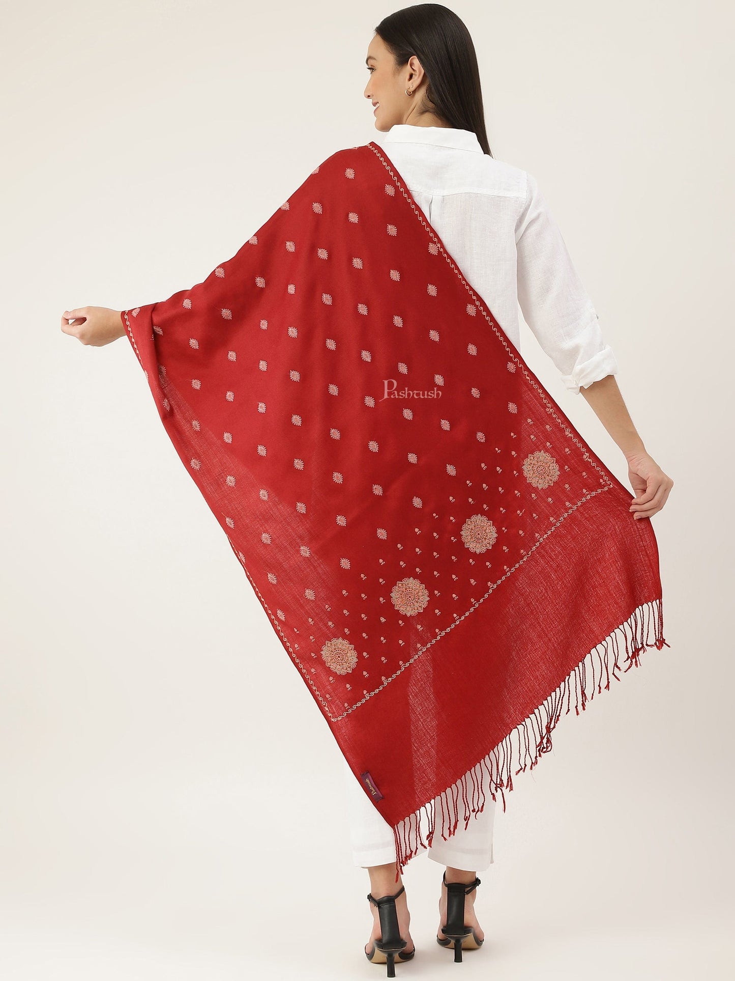 Pashtush India Womens Stoles and Scarves Scarf Pashtush womens Fine Wool Stole, Needlework Embroidery design, Maroon