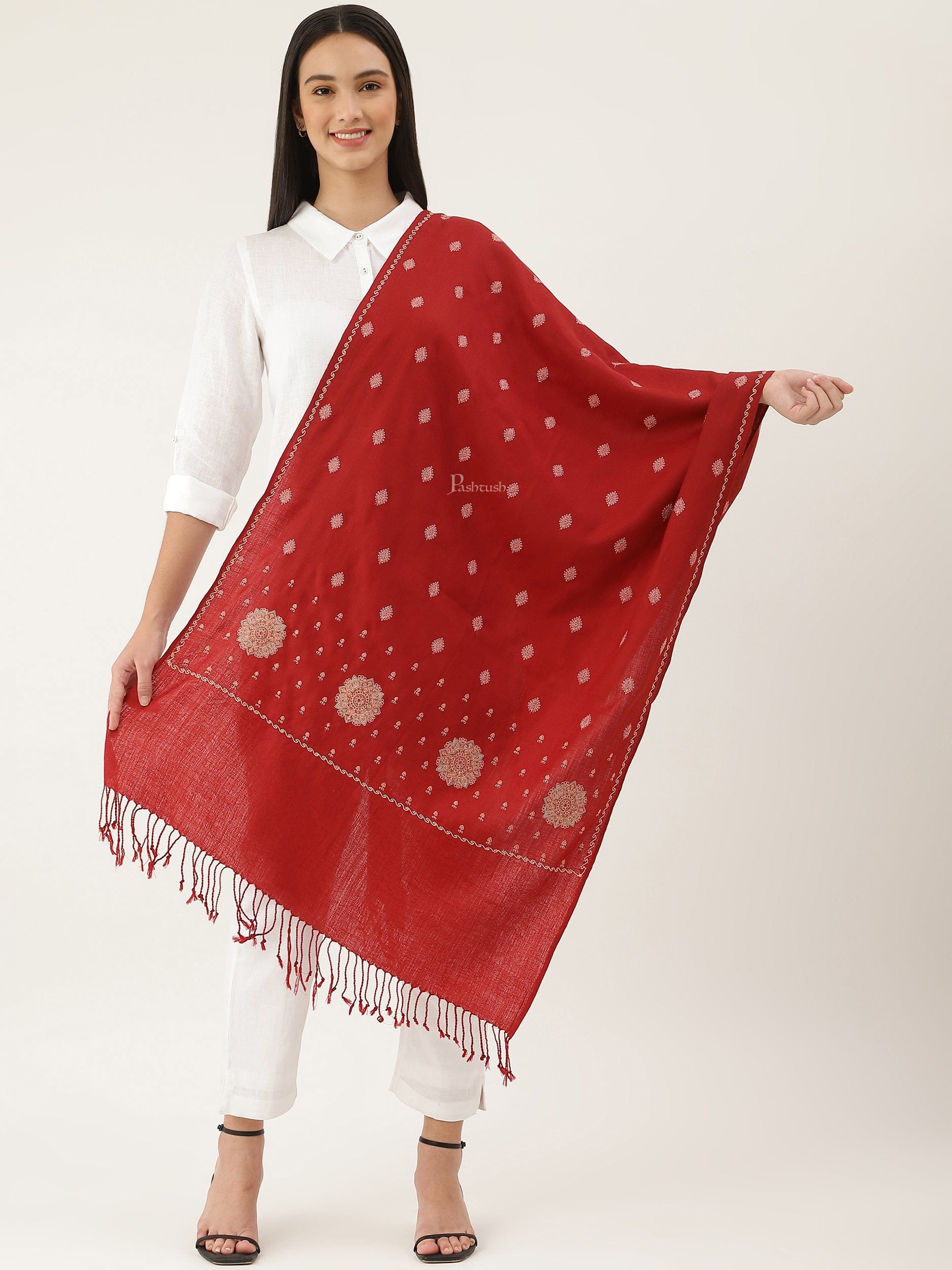 Pashtush India Womens Stoles and Scarves Scarf Pashtush womens Fine Wool Stole, Needlework Embroidery design, Maroon