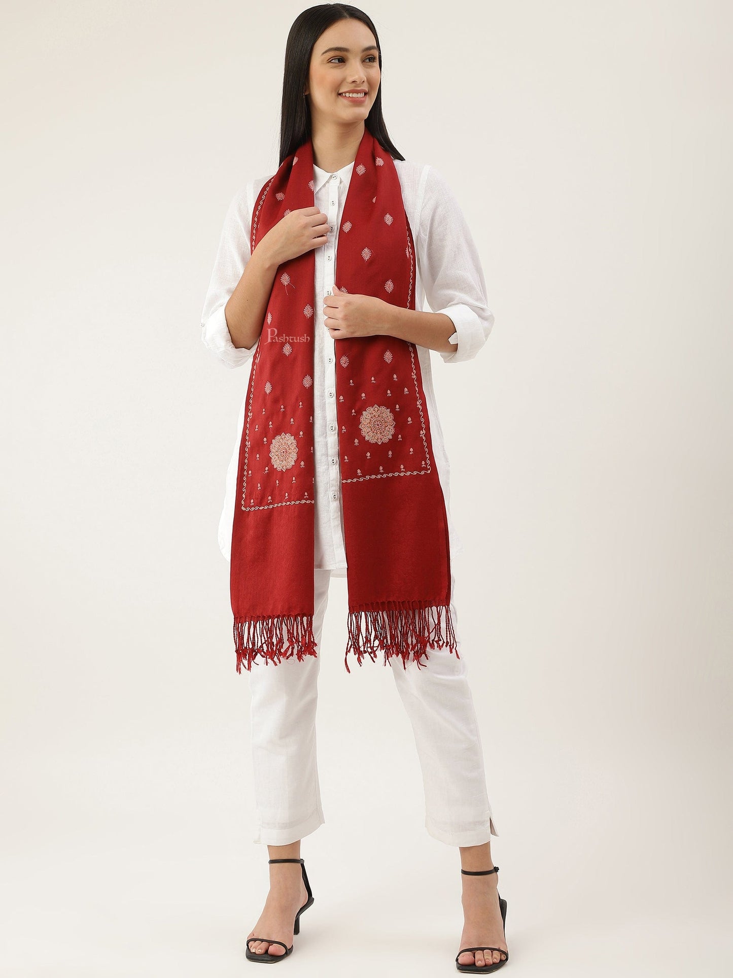 Pashtush India Womens Stoles and Scarves Scarf Pashtush womens Fine Wool Stole, Needlework Embroidery design, Maroon