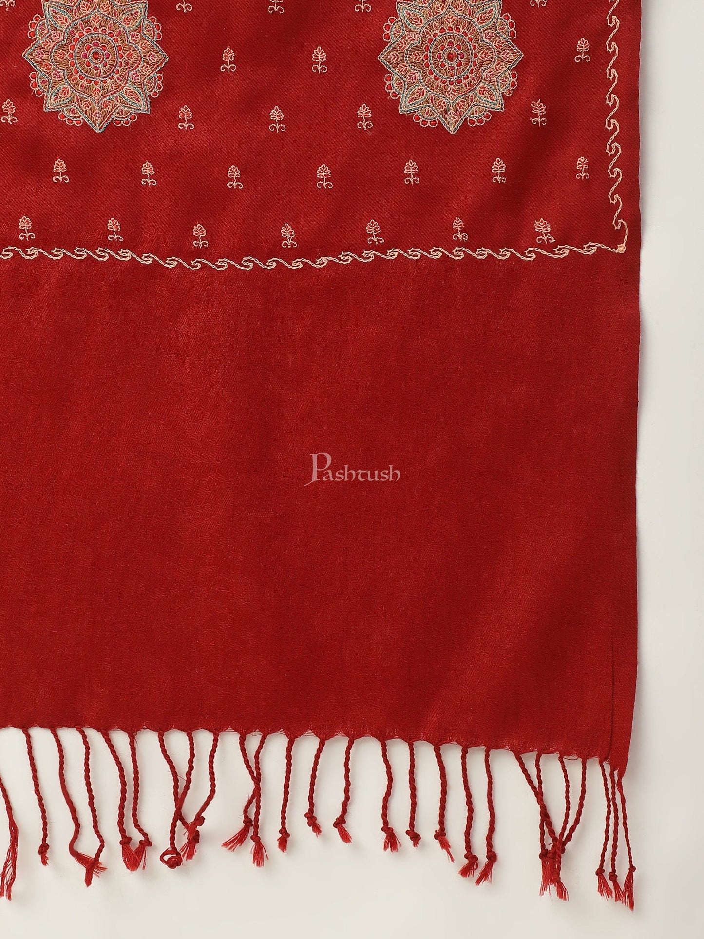 Pashtush India Womens Stoles and Scarves Scarf Pashtush womens Fine Wool Stole, Needlework Embroidery design, Maroon
