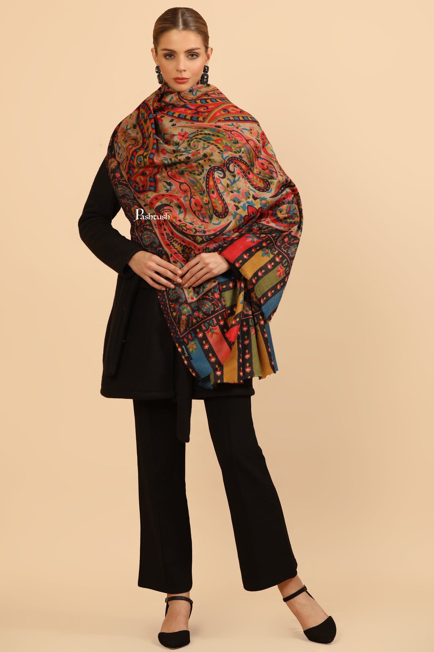 Pashtush India Womens Stoles Pashtush Womens Fine Wool Stole, Paisley Design, Multicolour