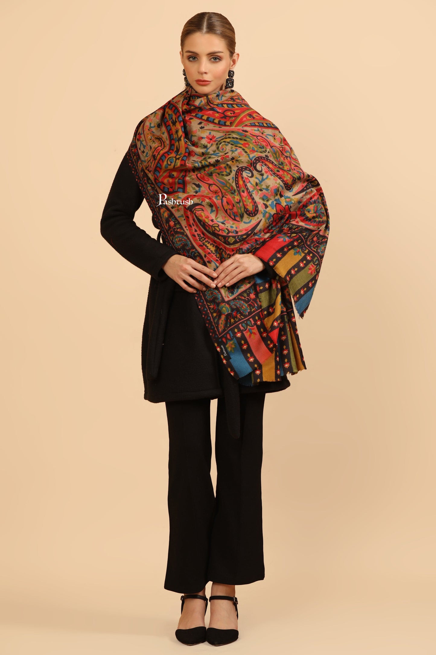 Pashtush India Womens Stoles Pashtush Womens Fine Wool Stole, Paisley Design, Multicolour
