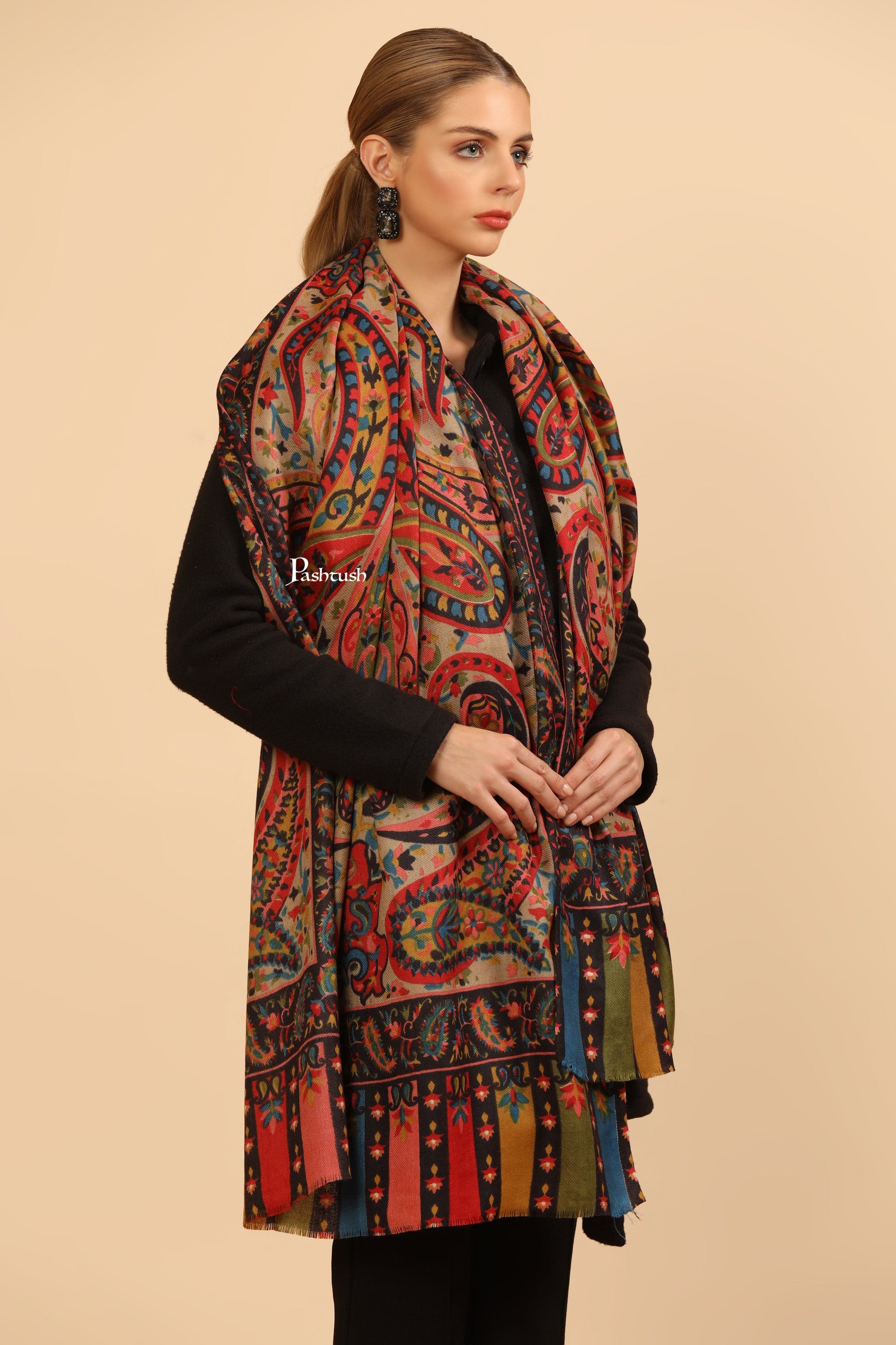 Pashtush India Womens Stoles Pashtush Womens Fine Wool Stole, Paisley Design, Multicolour