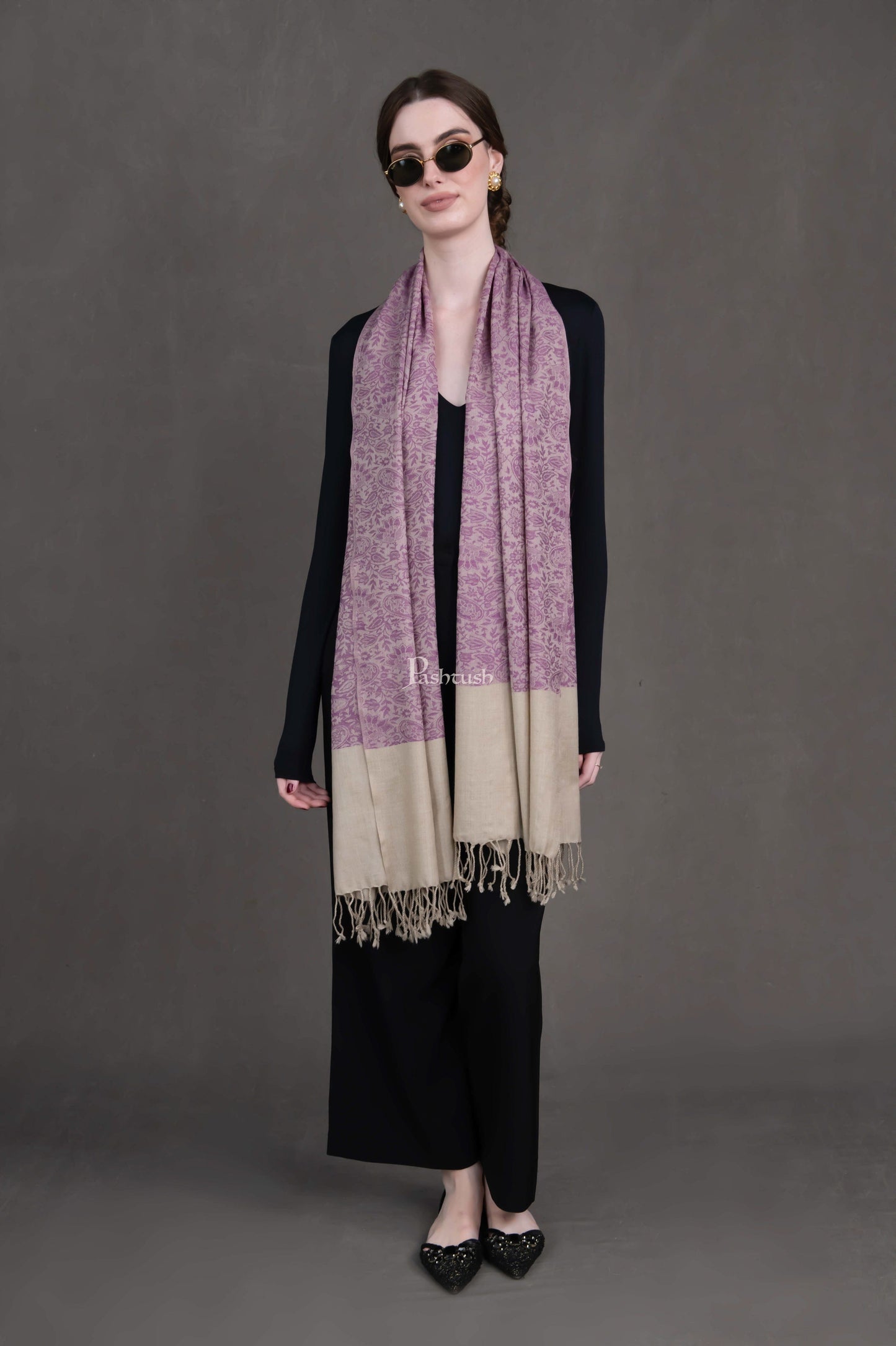 Pashtush India Womens Stoles and Scarves Scarf Pashtush Womens Fine Wool Stole, Paisley Weave Woven Design, Mauve