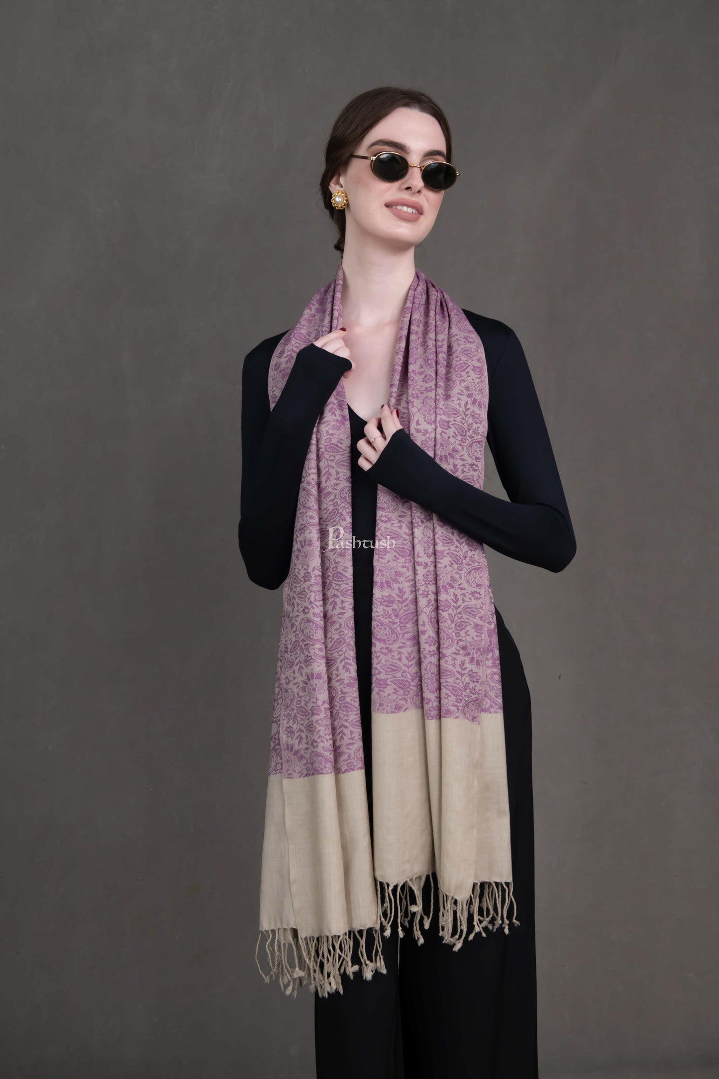 Pashtush India Womens Stoles and Scarves Scarf Pashtush Womens Fine Wool Stole, Paisley Weave Woven Design, Mauve