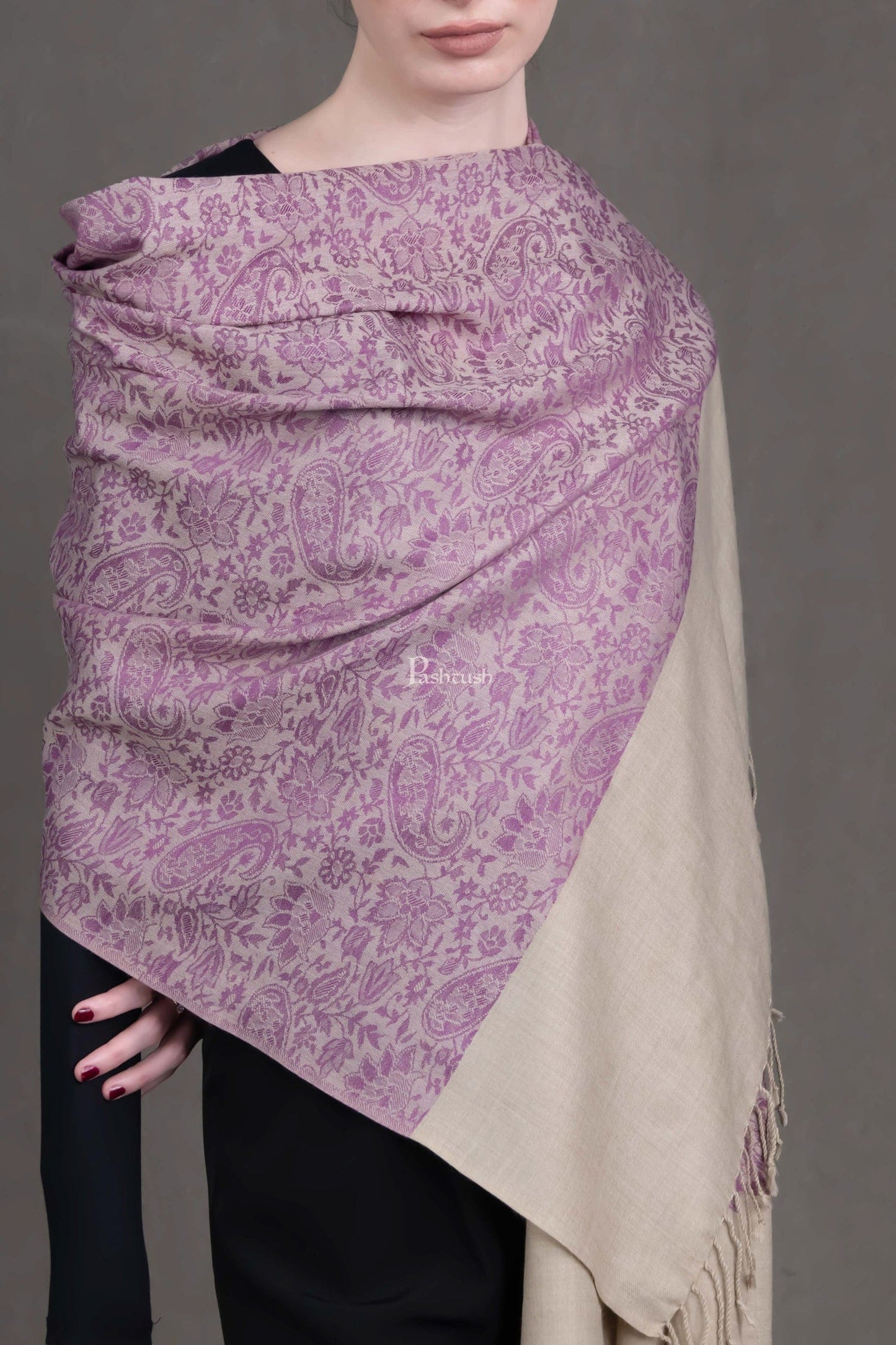 Pashtush India Womens Stoles and Scarves Scarf Pashtush Womens Fine Wool Stole, Paisley Weave Woven Design, Mauve