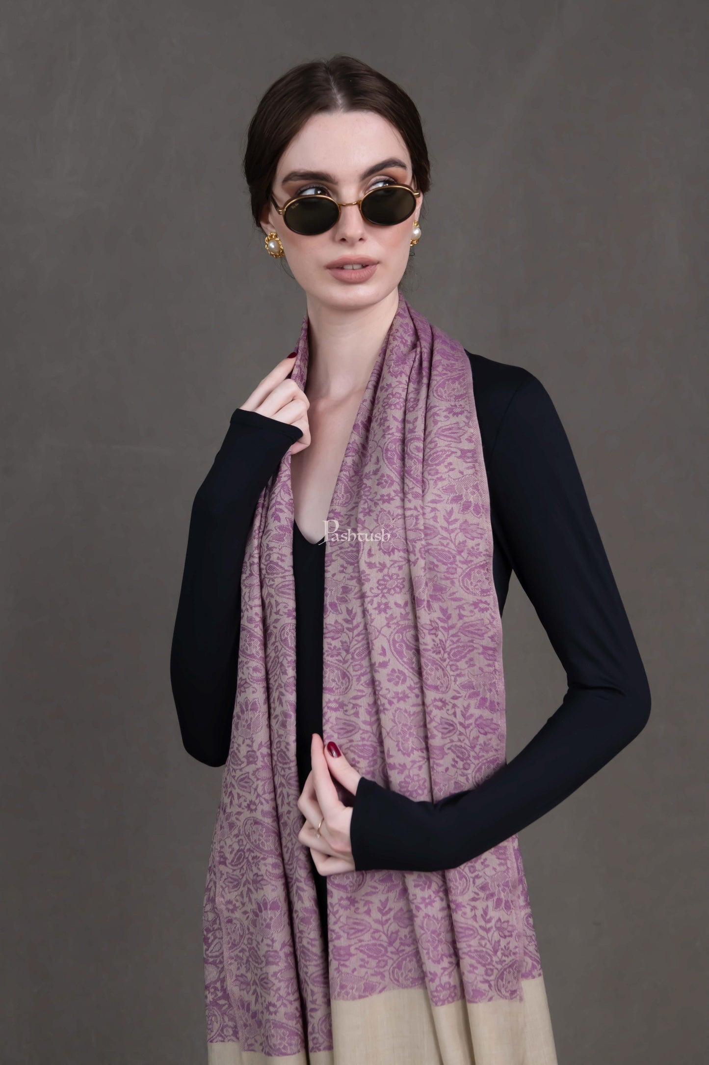 Pashtush India Womens Stoles and Scarves Scarf Pashtush Womens Fine Wool Stole, Paisley Weave Woven Design, Mauve