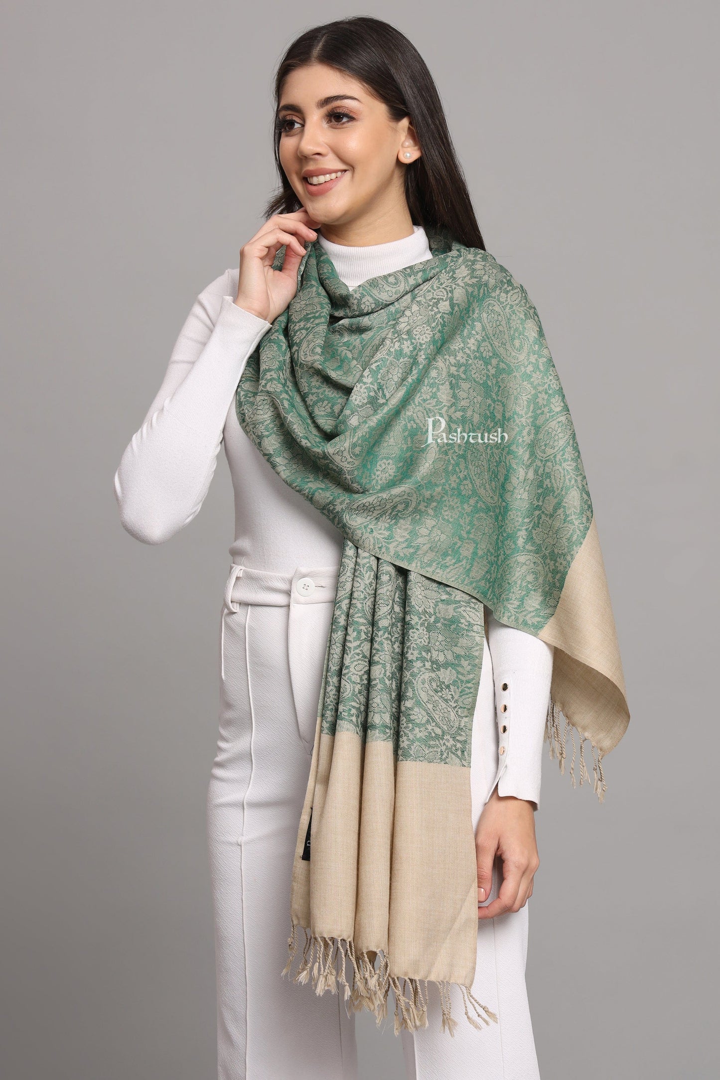 Pashtush India Womens Stoles Pashtush Womens Fine Wool Stole, Pasiley Design, Beige And Green