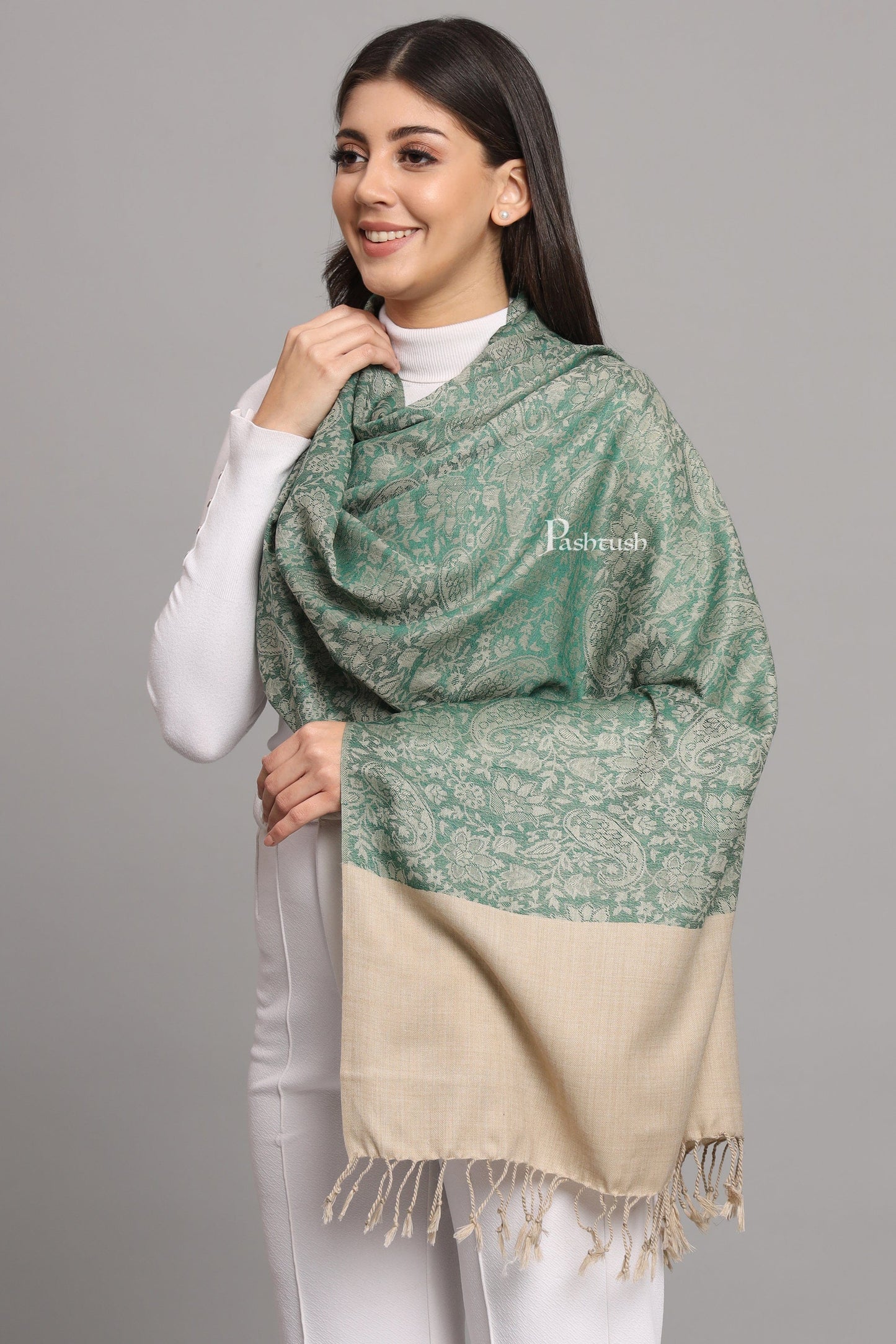 Pashtush India Womens Stoles Pashtush Womens Fine Wool Stole, Pasiley Design, Beige And Green