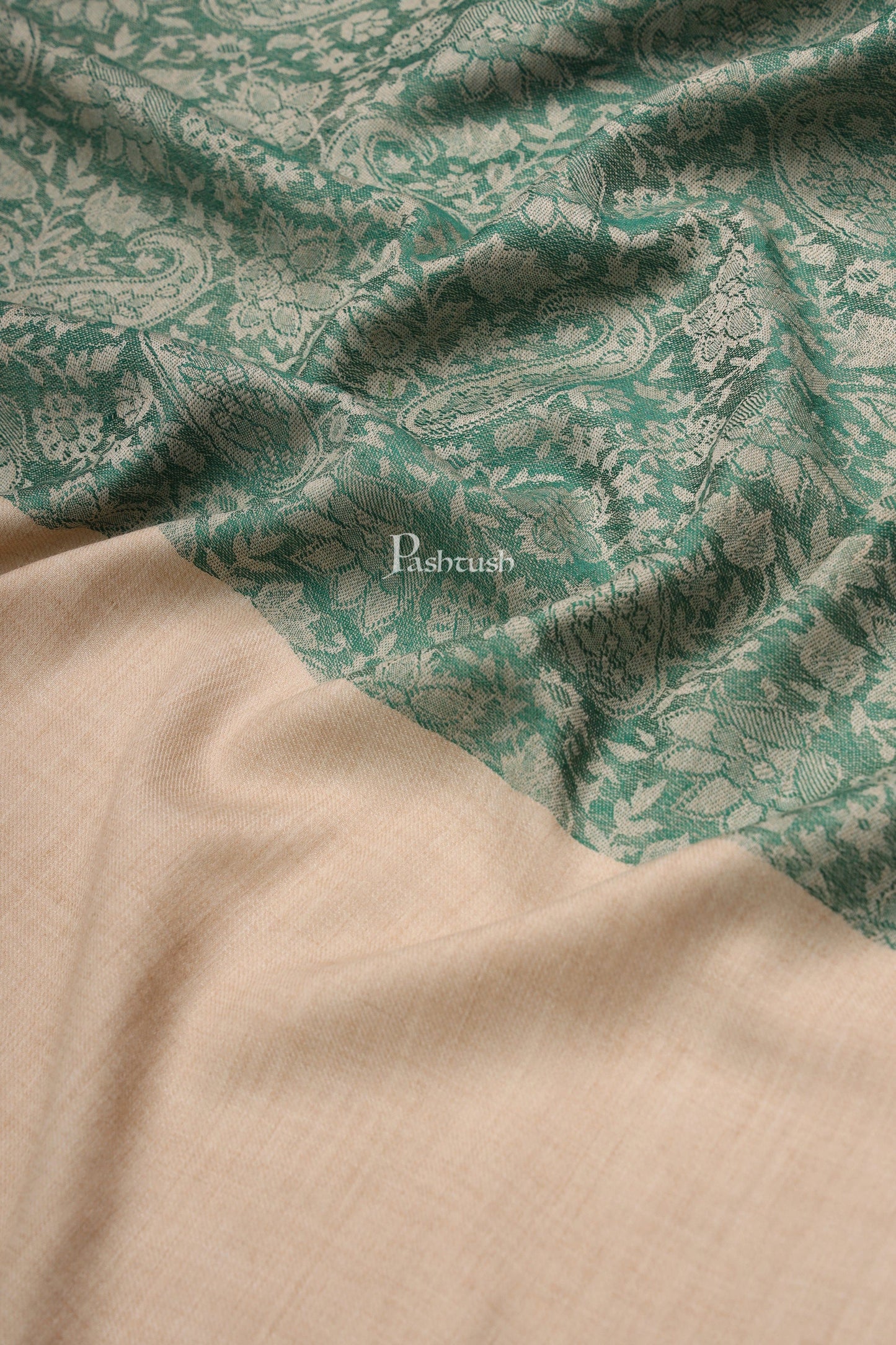 Pashtush India Womens Stoles Pashtush Womens Fine Wool Stole, Pasiley Design, Beige And Green