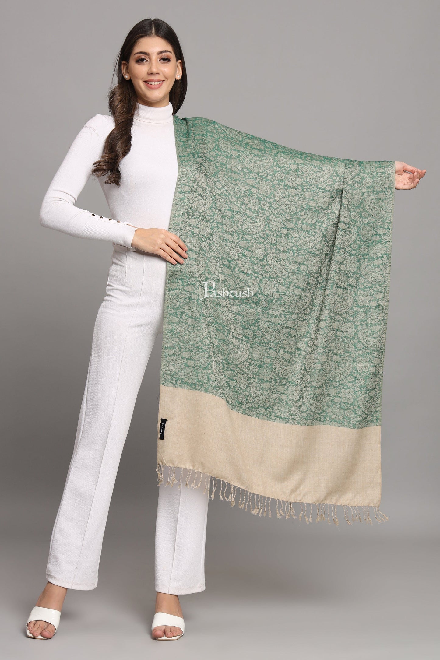 Pashtush India Womens Stoles Pashtush Womens Fine Wool Stole, Pasiley Design, Beige And Green
