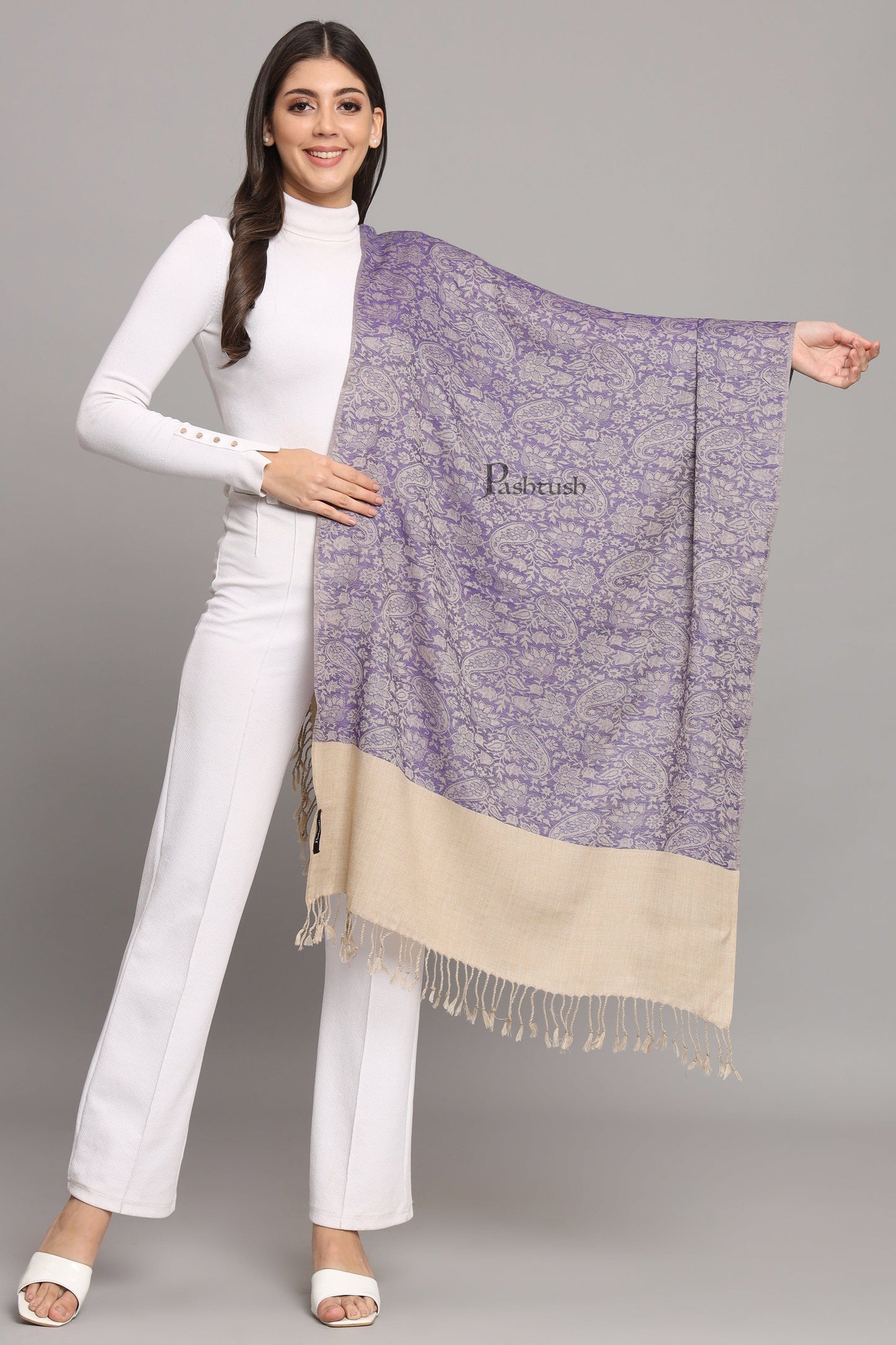 Pashtush India Womens Stoles Pashtush Womens Fine Wool Stole, Pasiley Design, Blue