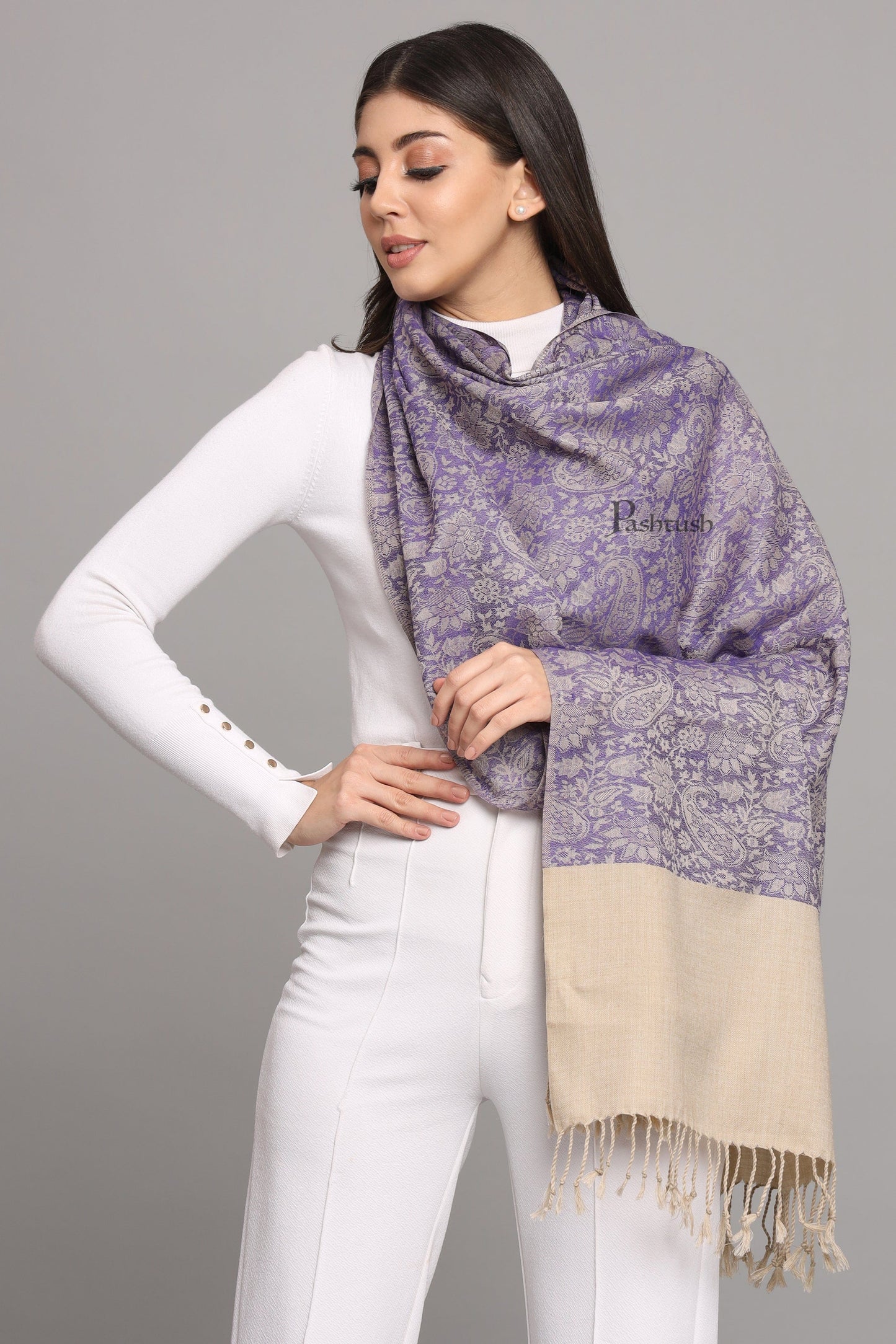 Pashtush India Womens Stoles Pashtush Womens Fine Wool Stole, Pasiley Design, Blue